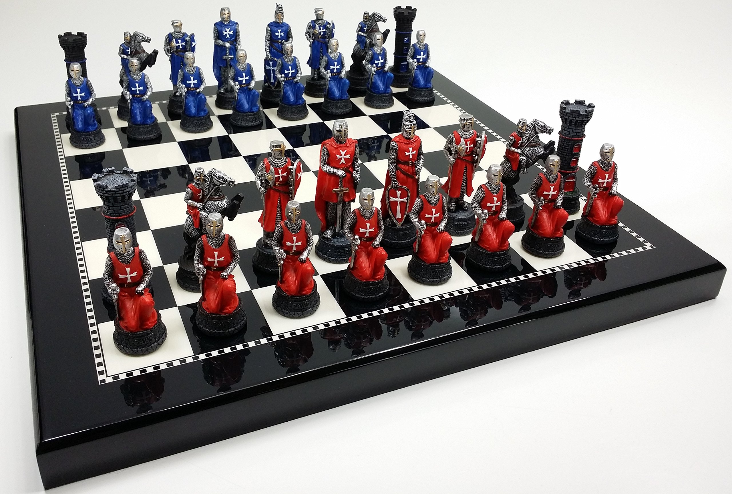 Hand-Painted Medieval Crusades Themed Chess Set - Red & Blue Pieces with Glossy Black & White Board | Perfect for History Enthusiasts & Strategy Game Lovers