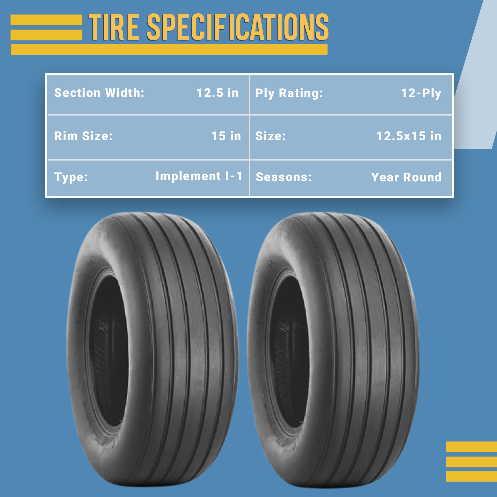 12.5-15 Heavy Duty Tubeless Tractor Tires (2 Pack) - Premium I-1 Implement Tires for Farming, Agriculture & Off-Road Use - Durable 12.5x15 Tires for Tractors, Trailers & Farm Equipment