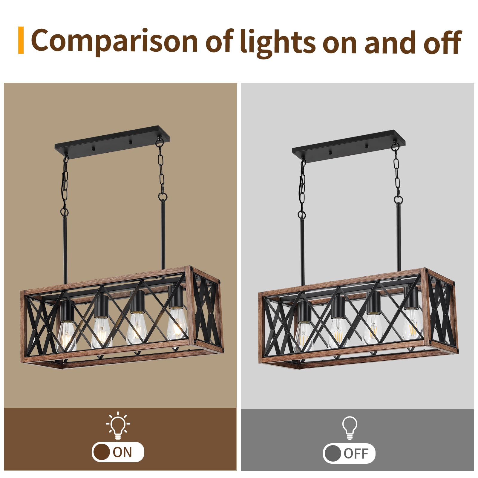 SEEBLEN Farmhouse Pendant Light Fixture - 39 Inch Adjustable Height, 4-Light Wood Grain Finish Chandelier for Dining Room, Kitchen Island & Bar | Rustic Lighting for Farmhouse Decor, Breakfast Nook & Kitchen Sink Area