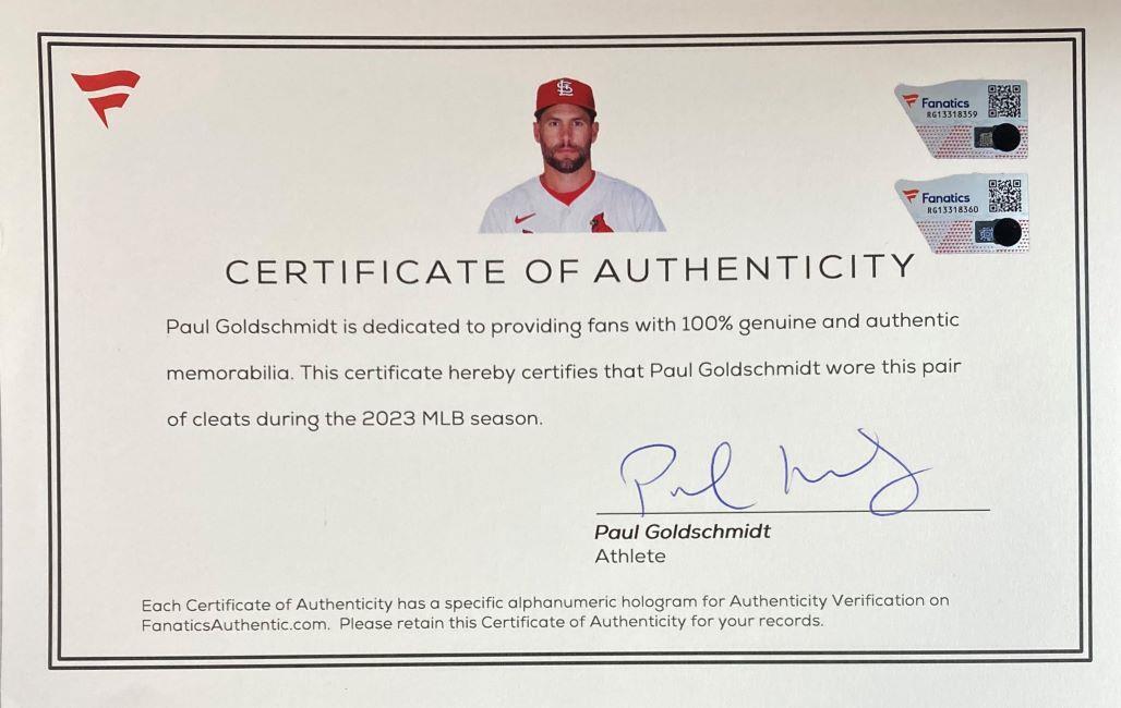 Paul Goldschmidt Autographed 2023 Game Used Nike Cleats - St. Louis Cardinals Memorabilia - Perfect for Baseball Fans & Collectors - Great for Display or Investment