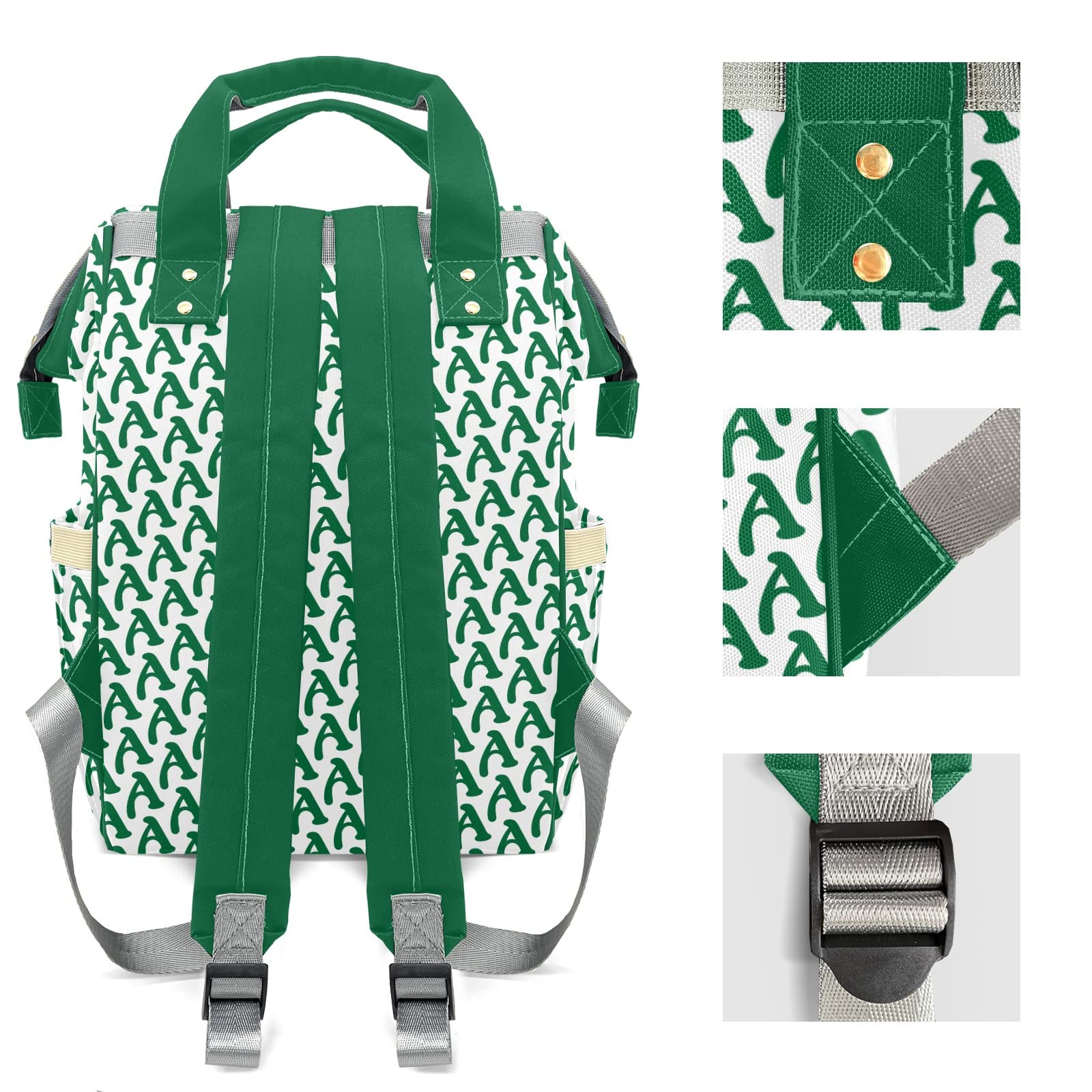 Stylish Green Alphabet Print Diaper Backpack - Personalized Baby Bag for Moms & Dads | Perfect for Nursing, Travel & Everyday Use