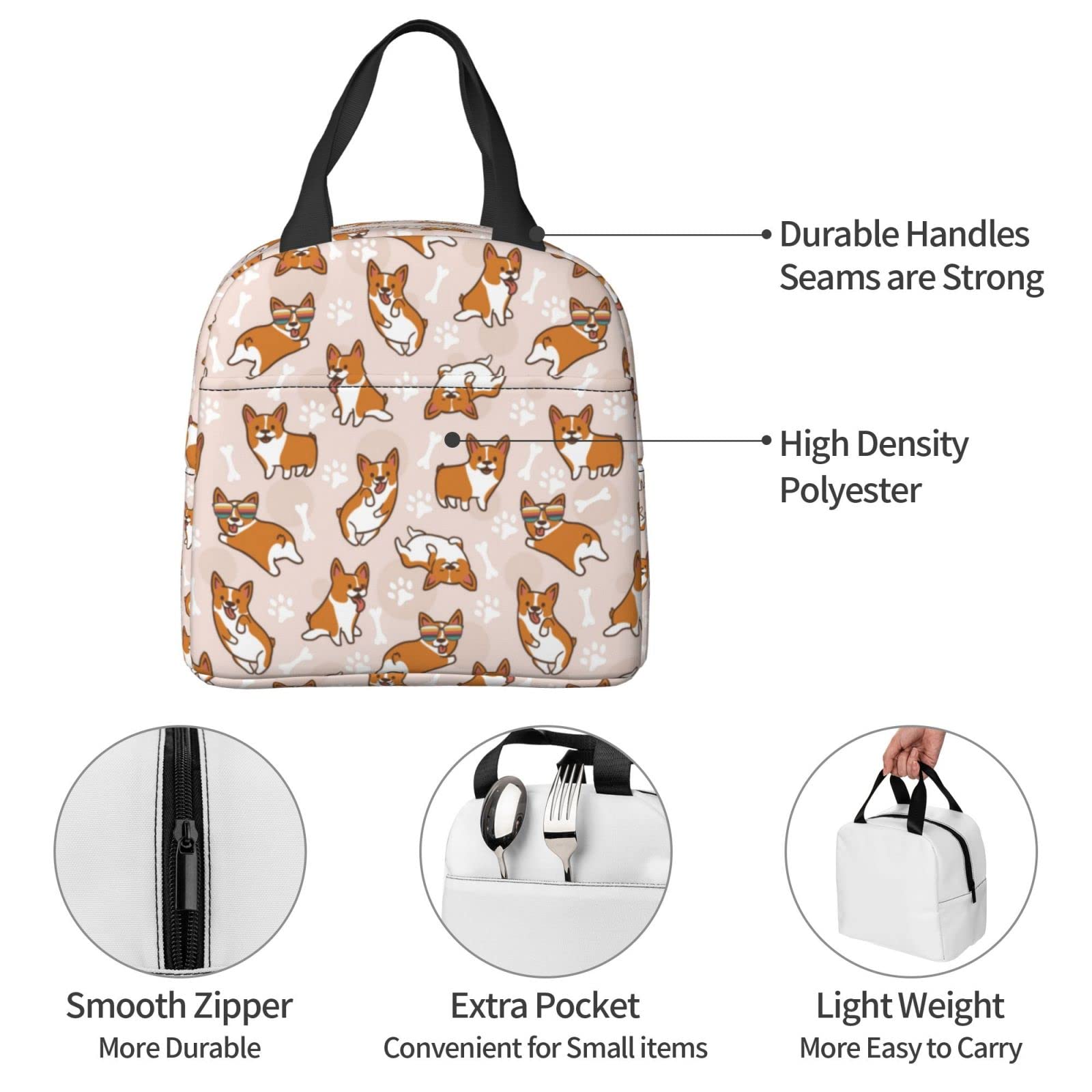 Corgi Insulated Lunch Bags for Women & Men - Reusable Cooler Lunch Box with Pocket - Perfect for Work, School, Picnics & Outdoor Activities