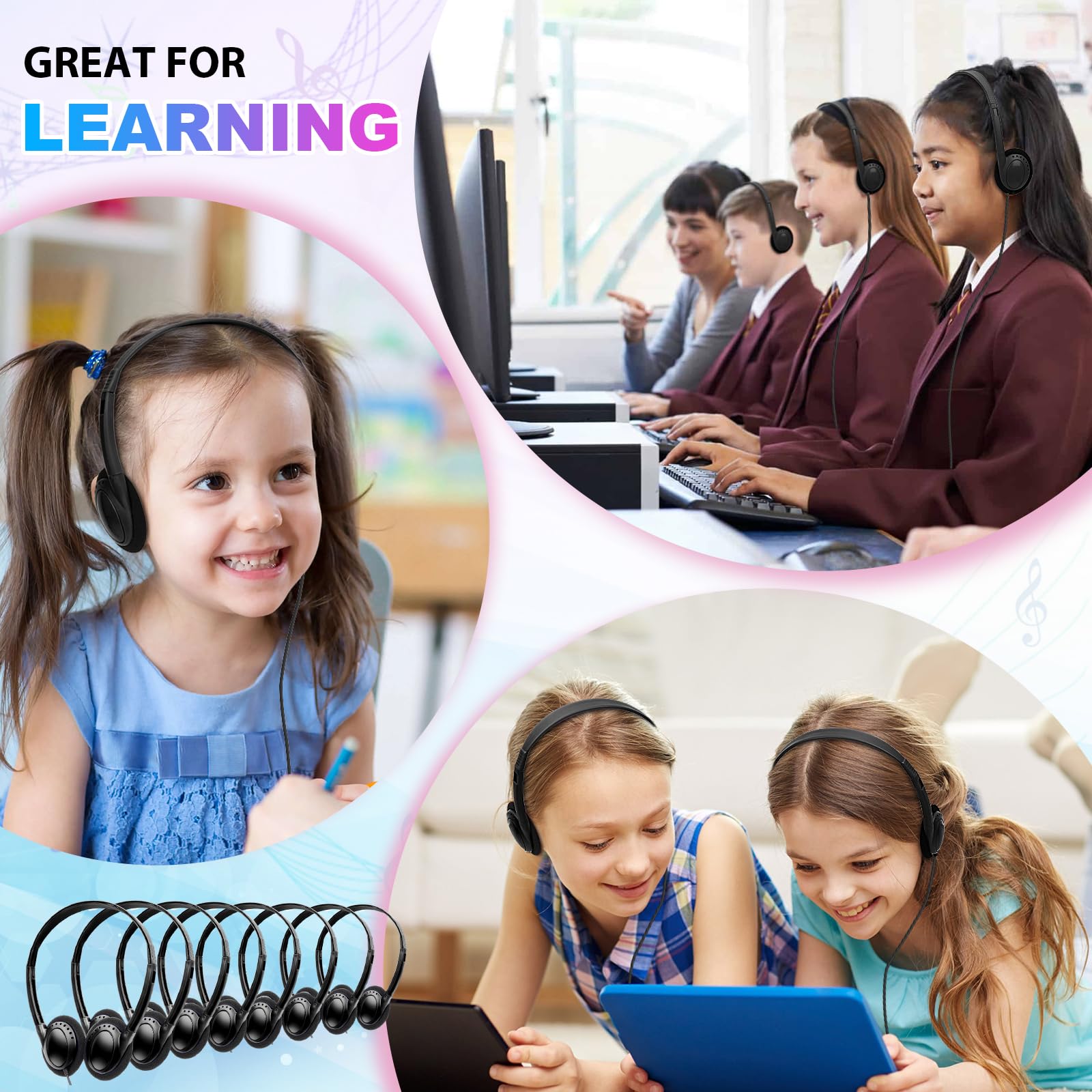 Bulk 10 Pack Wired Headphones with 3.5mm Jack for School, Classroom, Kids, Students & Adults - Durable Headphones for Online Learning, Music, Gaming & Office Use (Black)