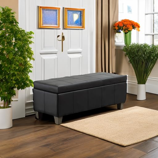 Black Faux Leather Storage Ottoman Bench - Extra Long Rectangular Footrest with Hidden Storage | Perfect for Bedroom, Living Room & Entryway Seating & Organization