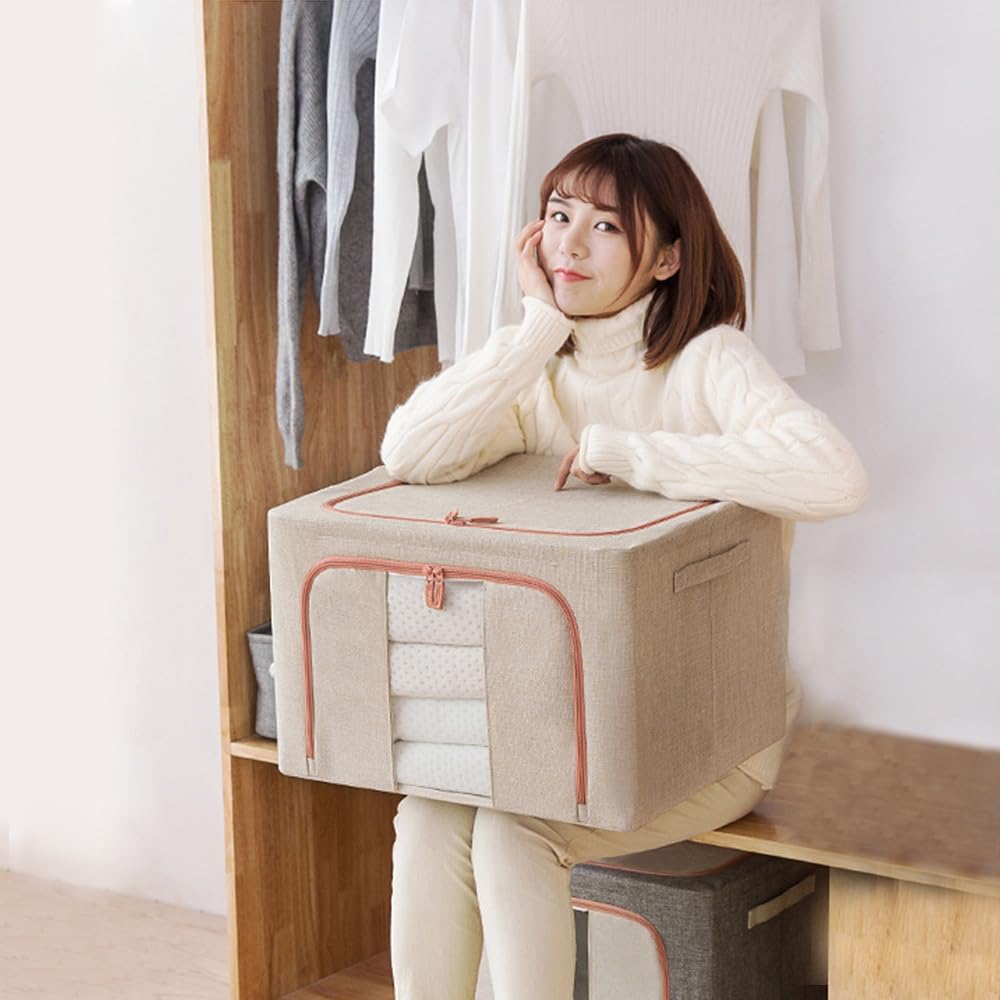 66L Steel Frame Storage Box with Clear Window - Extra Large Cloth Storage Organizer for Quilts, Blankets & Clothes - Foldable Fabric Wardrobe with Sturdy Zippers (Beige) | Perfect for Bedroom Closet, Seasonal Storage & Travel Organization
