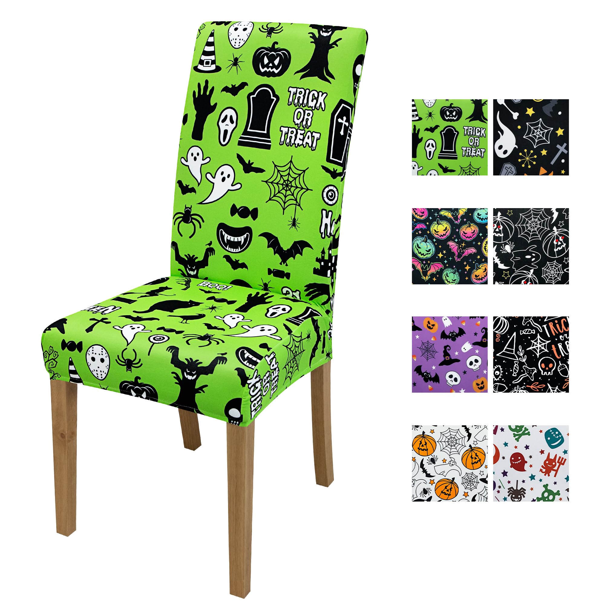 BIETYONE Halloween Chair Covers Set of 4 - Stretchy Removable Slipcovers with Green Background & Spooky Designs for Dining Room, Halloween Party Decor - Perfect for Holiday Gatherings & Themed Events