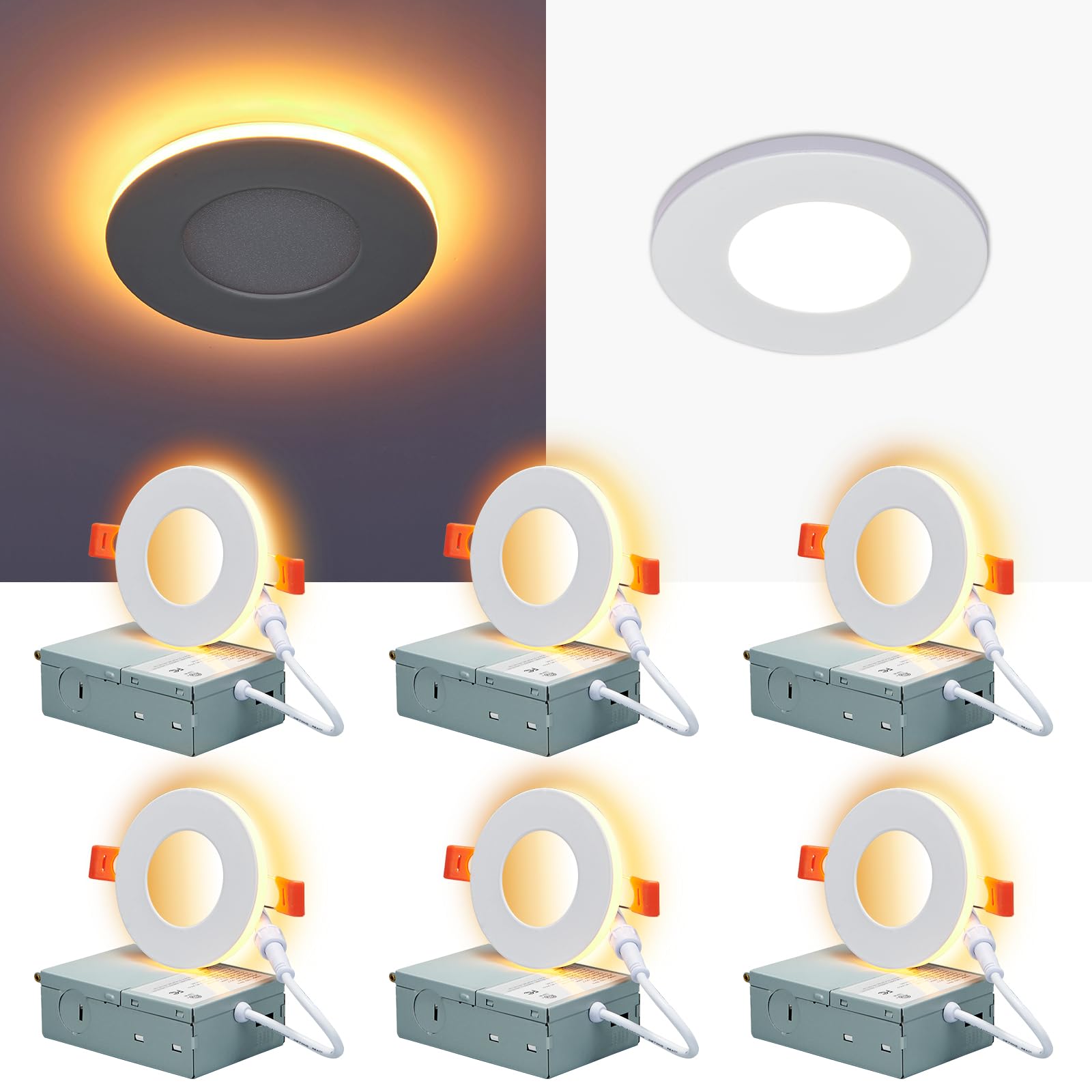 CycevSun 3 Inch LED Recessed Lights with Night Light - Dimmable, 5CCT Selectable, Wafer Downlight Panel Ceiling Light (6W, cETL, 6 Pack, IC & Wet Rated) - Perfect for Living Room, Kitchen, Bedroom, and Bathroom Lighting