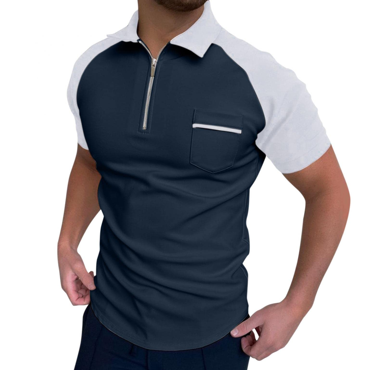 Men's Color Block Quarter-Zip Polo Shirts - Casual Lapel T-Shirt with Pocket | Breathable & Stylish for Golf, Office & Everyday Wear