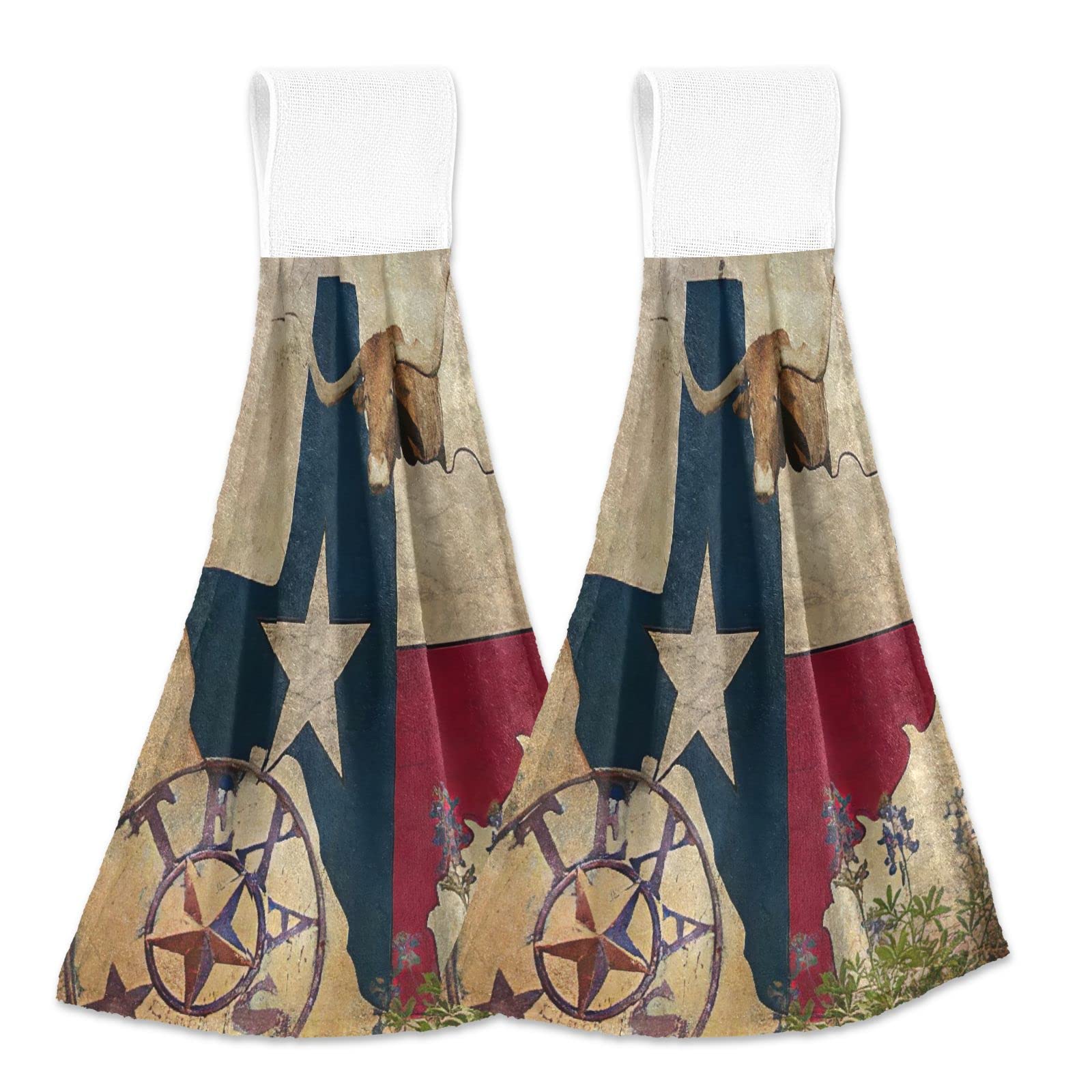 Vintage Hanging Kitchen Towels 2-Pack - Tropical Western Texas Star Map & Longhorn Print Absorbent Dish Cloths with Loops | Washable Hand Towels for Kitchen, Bathroom, Tea Bar & Housewarming Gifts | Perfect for Farmhouse, Western & Rustic Home Decor
