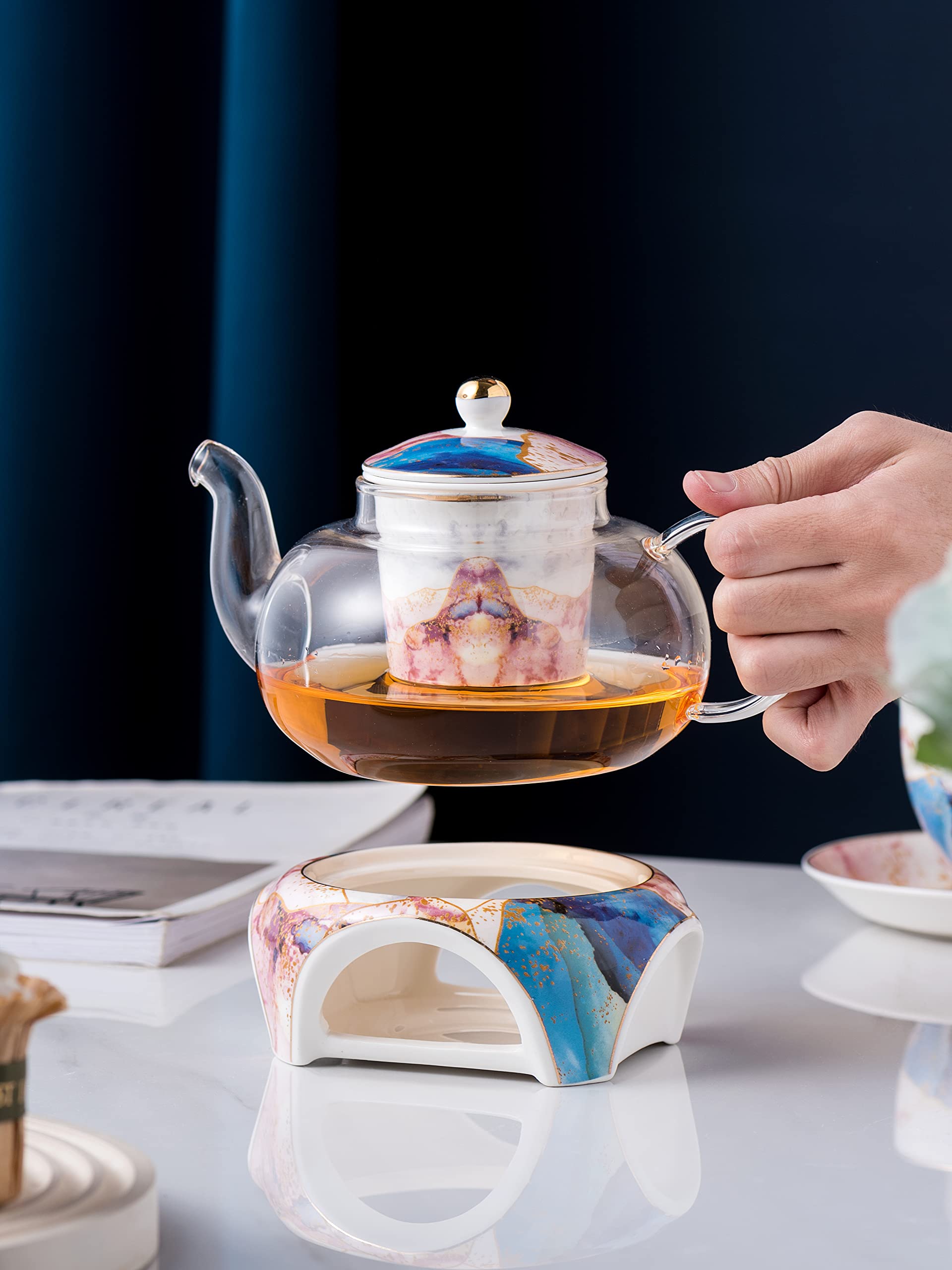 Jusalpha Fine China Rainbow Galaxy Series 16-Piece Glass Tea Set with Infuser, Warmer, Teacups, Saucers & Spoon - Elegant Gift Box - Perfect for Afternoon Tea, Bridal Showers & Home Decor (FD Glass Pot Set 08)