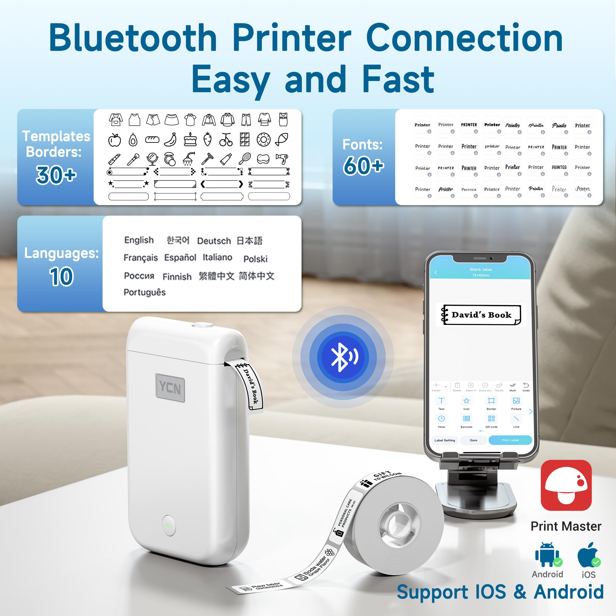 Portable Bluetooth Label Maker Machine with Tape - Mini Label Printer for Home, Office & School Organization - Multiple Personalized Templates for Easy Labeling - Perfect for Storage, Files & Classroom Supplies