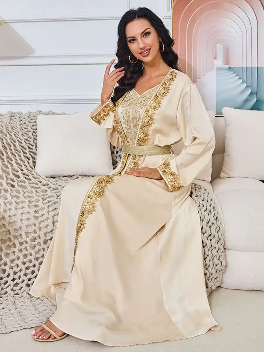Elegant Beaded 2-Piece Eid Dress Set - Flowy Caftan Kaftan with Sleeveless Inner Dress #25269 | Perfect for Eid Celebrations, Weddings & Special Occasions