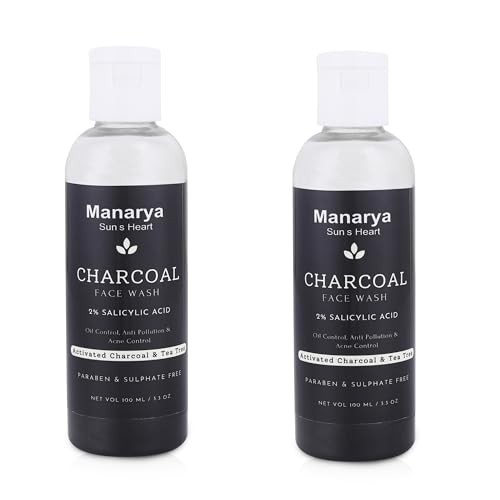 Manarya Sun's Heart Anti-Acne & Skin Brightening Face Wash with 2% Salicylic Acid, Tea Tree & Activated Charcoal - Pack of 2 | Deep Cleansing for Oily & Acne-Prone Skin | Perfect for Daily Skincare Routine & Travel
