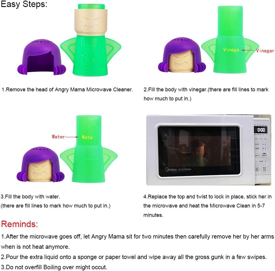 ACZURXLY Angry Mama Microwave Cleaner - Steam Oven Cleaner & Disinfectant for Kitchen with Vinegar & Water | Fast & Easy Microwave Cleaning Gadget | Funny & Useful Kitchen Tool with English Manual (Green) | Perfect for Deep Cleaning Microwaves, Ovens & Removing Grease Buildup