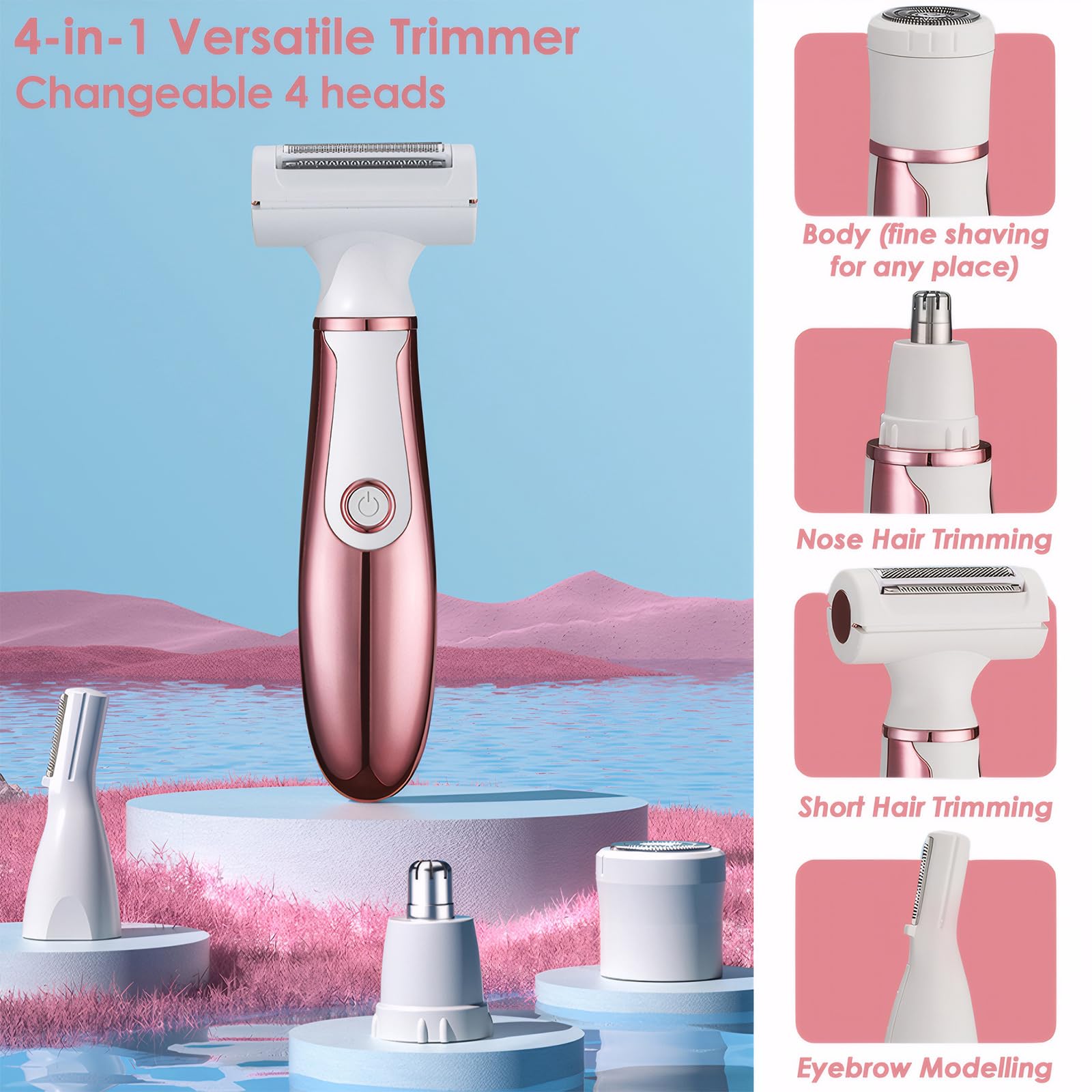 4-in-1 Electric Razor for Women - Rechargeable Cordless Shaver & Trimmer for Face, Arms, Legs, Underarm & Bikini Area - Portable Hair Removal for Travel & Home Use