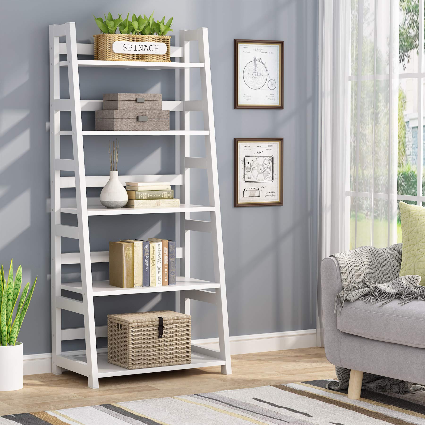5-Tier Modern Ladder Bookshelf - Wood & Metal Leaning Bookcase for Living Room, Bedroom, Office - Space-Saving Storage Solution for Books, Decor & Essentials (White) | Perfect for Small Spaces & Home Organization