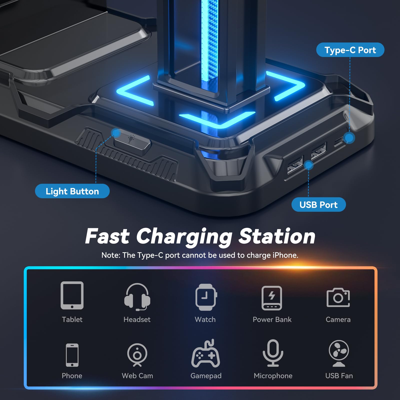KDD Premium Headset Stand with Wireless Charging Station - Detachable Controller Holder & 9 RGB Light Modes - Rotatable Headphone Hanger with Dual USB A/C Ports - Perfect Gaming Headset Stand for PS5, Xbox & PC Setup - Ideal for Gaming Room, Office & Home Desk Organization