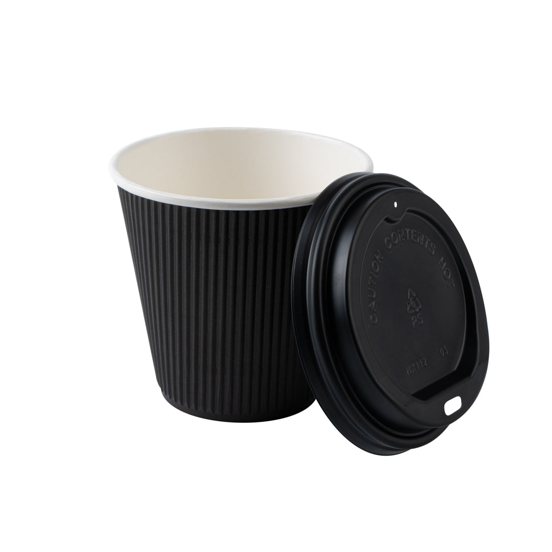 8 oz Black Ripple Wall Paper Coffee Cups with Lids - 20 Count Bulk Pack (3.5
