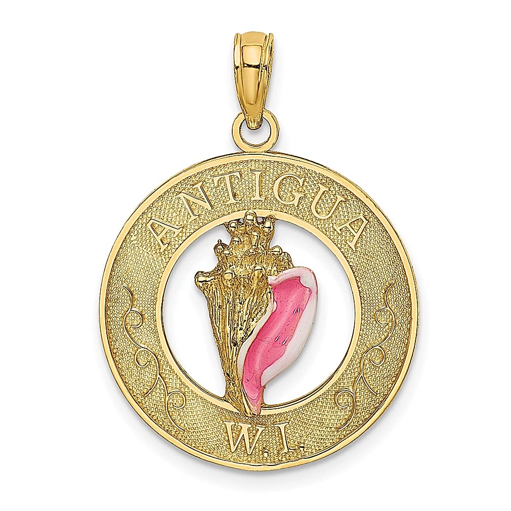 14K Yellow Gold Antigua Circle Enamel Conch Seashell Mermaid Nautical Charm Necklace - Elegant Beach Jewelry for Women, Perfect Gift for Her, Ideal for Vacations, Travel & Coastal Styling