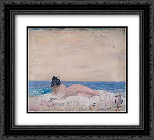 Vintage 1930 William Orpen Nude Female Model Reading On Seashore Art Print - 22x20 Black Ornate Frame with Double Mat - Museum Quality Wall Decor for Living Room, Bedroom, Office