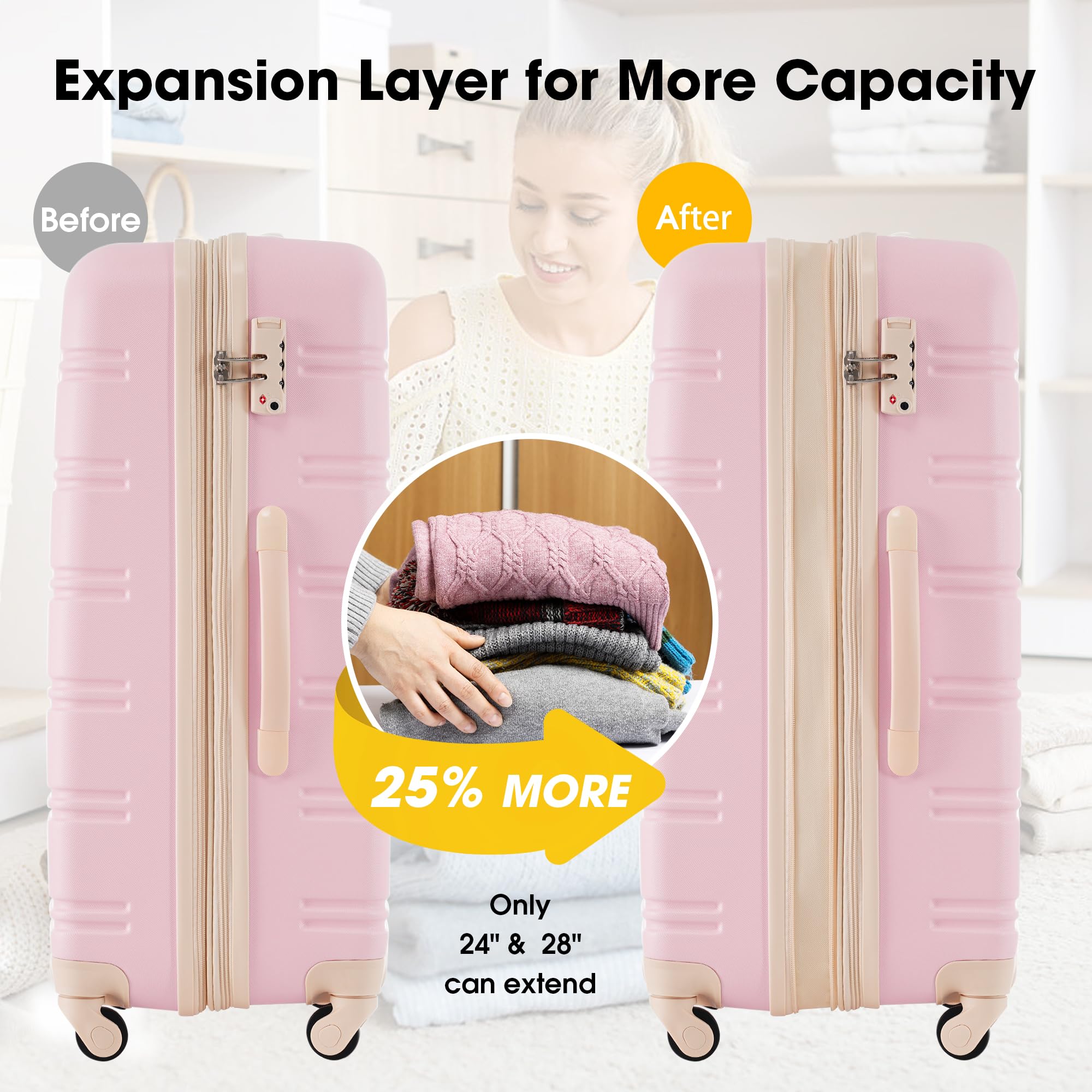 Merax 3-Piece Luggage Set - Airline Approved Carry-On Suitcase with Expandable Hard Shell & 360° Spinner Wheels (White Pink) - Perfect for Travel, Business Trips & Vacation Packing