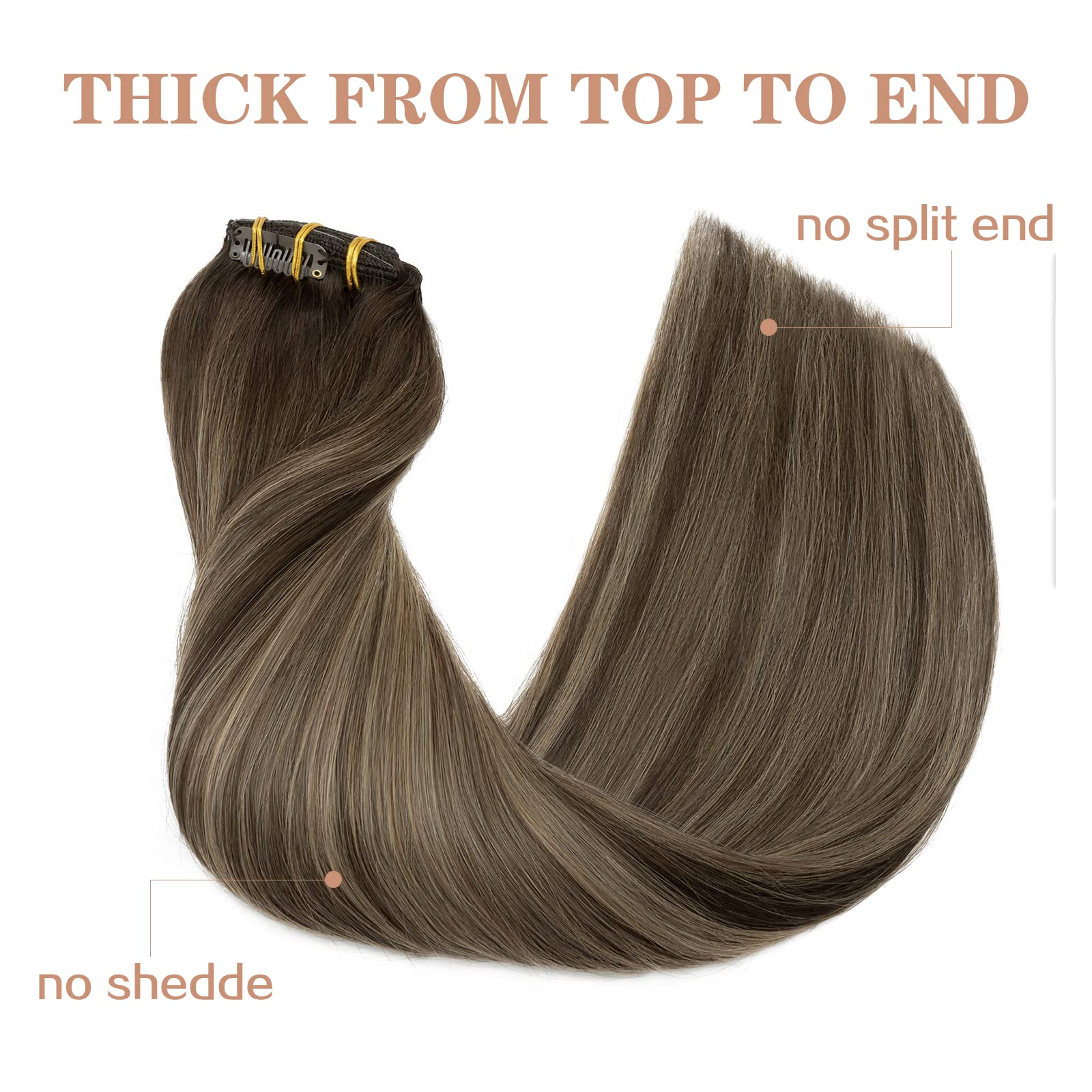 S-noilite Clip in Hair Extensions 20 Inch - 100% Real Human Remy Hair, Double Weft, 7pcs 120g, Balayage Dark Brown to Chestnut Brown - Seamless & Thick for Volume & Length - Perfect for Parties, Weddings & Daily Styling