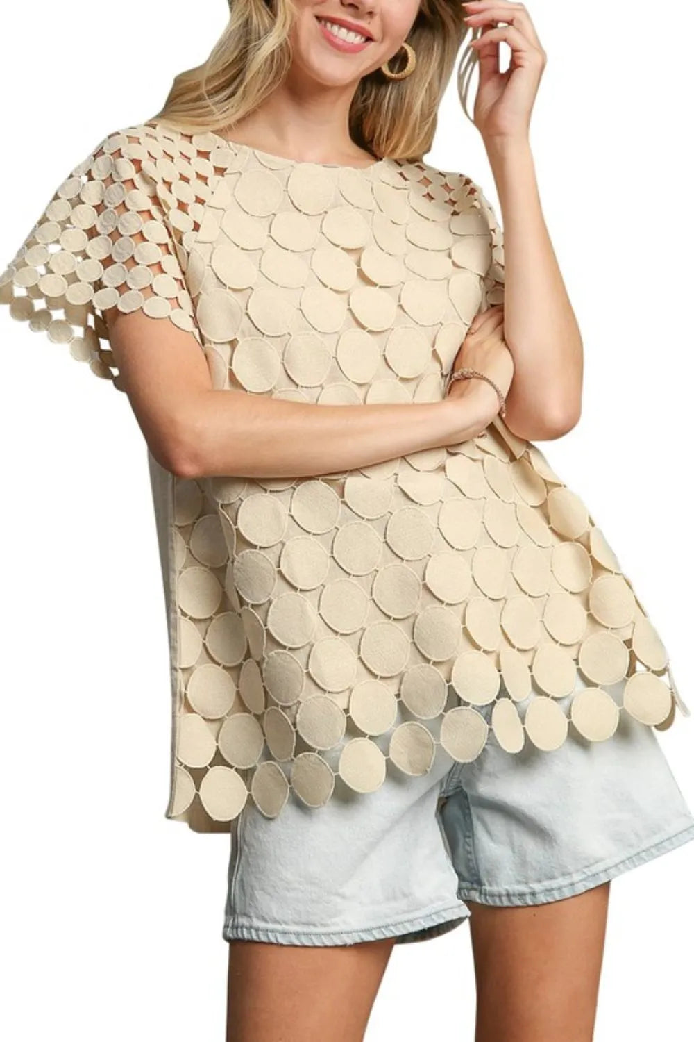 Stylish Full Size Mixed Polka Dot Lace Raglan Sleeve Boxy Cut Top for Women | Trendy Casual & Party Wear | Perfect for Date Nights, Office Outfits and Weekend Brunch