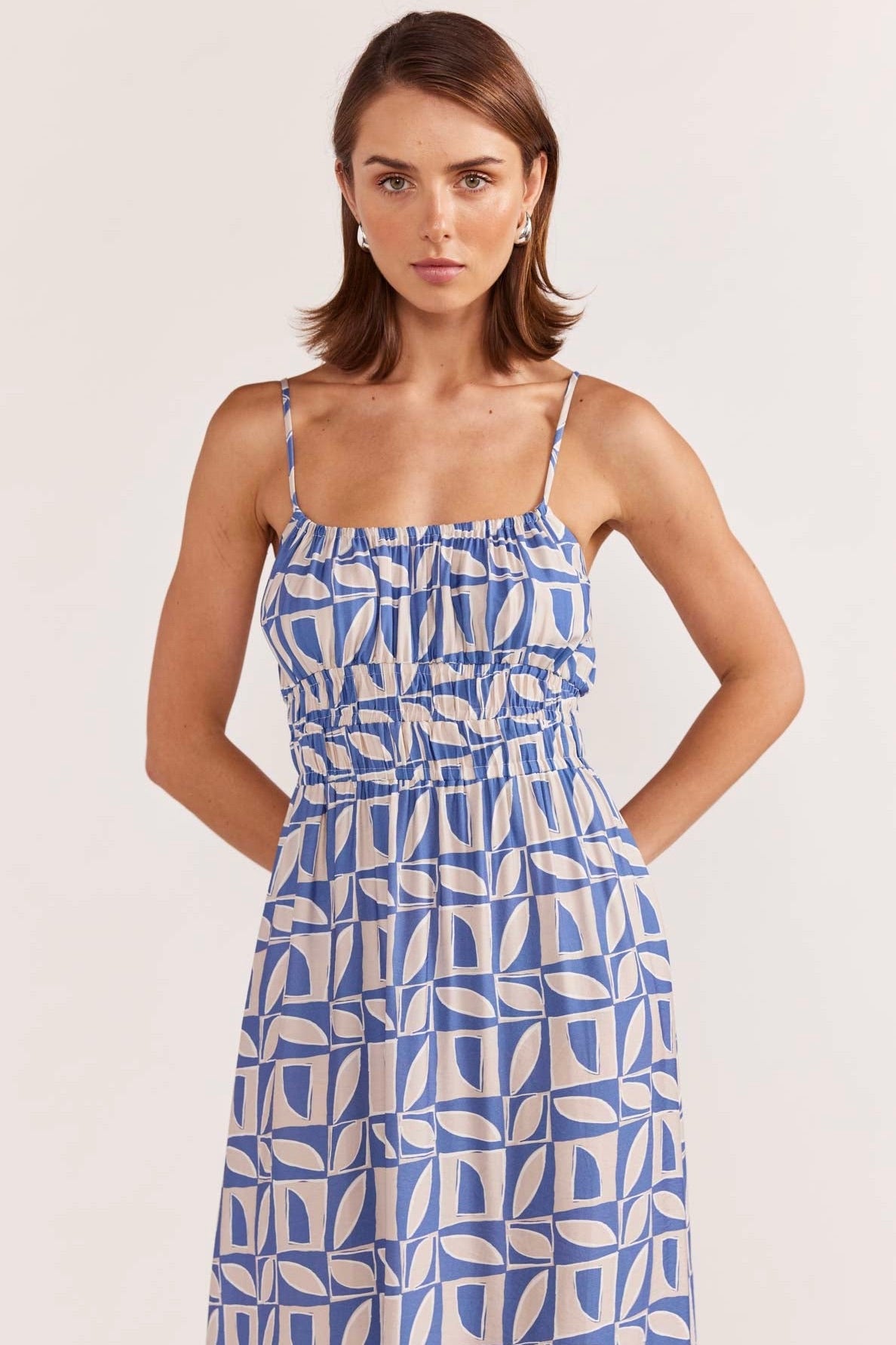 Alto Blue Geo Print Strappy Midi Sundress - Flowy Summer Dress for Women, Beach Cover Up, Vacation Outfit, Boho Chic Dress for Outdoor Parties & Date Nights