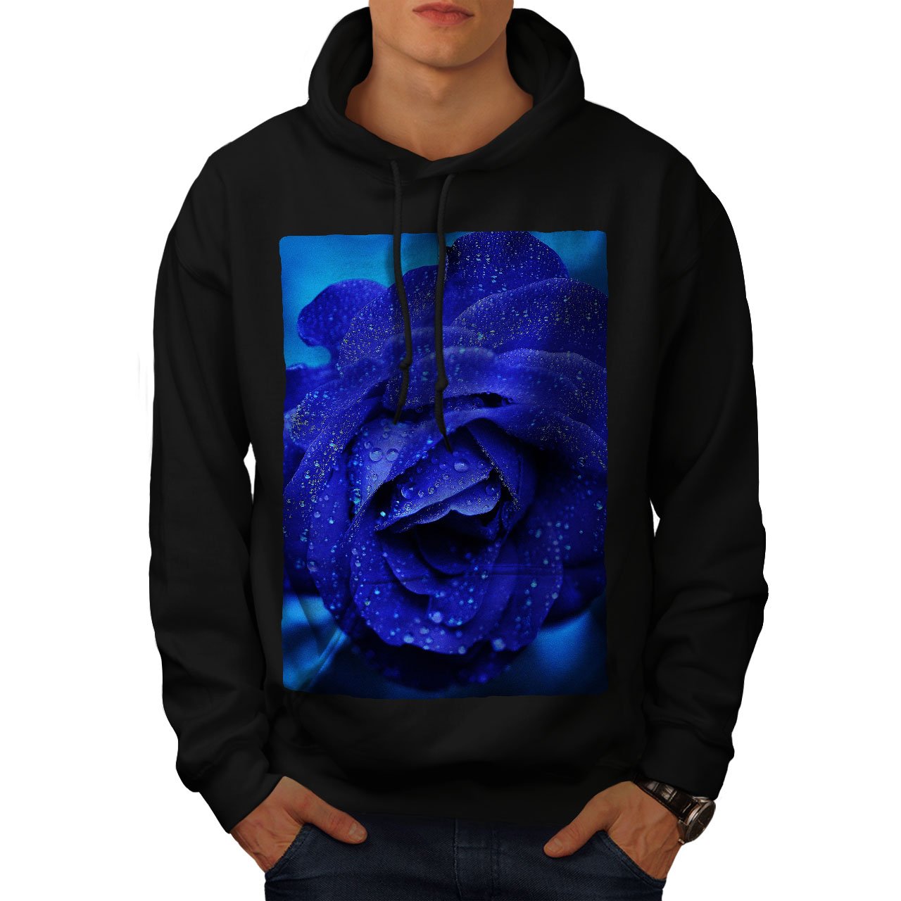 Wellcoda Blue Rose Men's Hoodie - Stylish Earth Tone Hooded Sweatshirt for Casual Wear, Street Fashion & Outdoor Activities