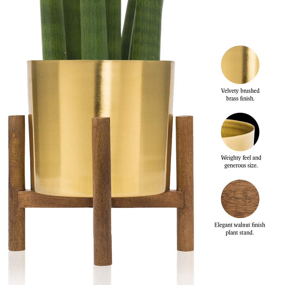 Kimisty Set of 2 Gold Planters with Stand - 7 Inch Large Brass Plated Metal Pots with Wooden Base | Mid-Century Modern Flower Pots for Living Room Decor | Perfect for Orchids, Aloe Vera & Cactus Plants | Indoor Home & Office Plant Decor