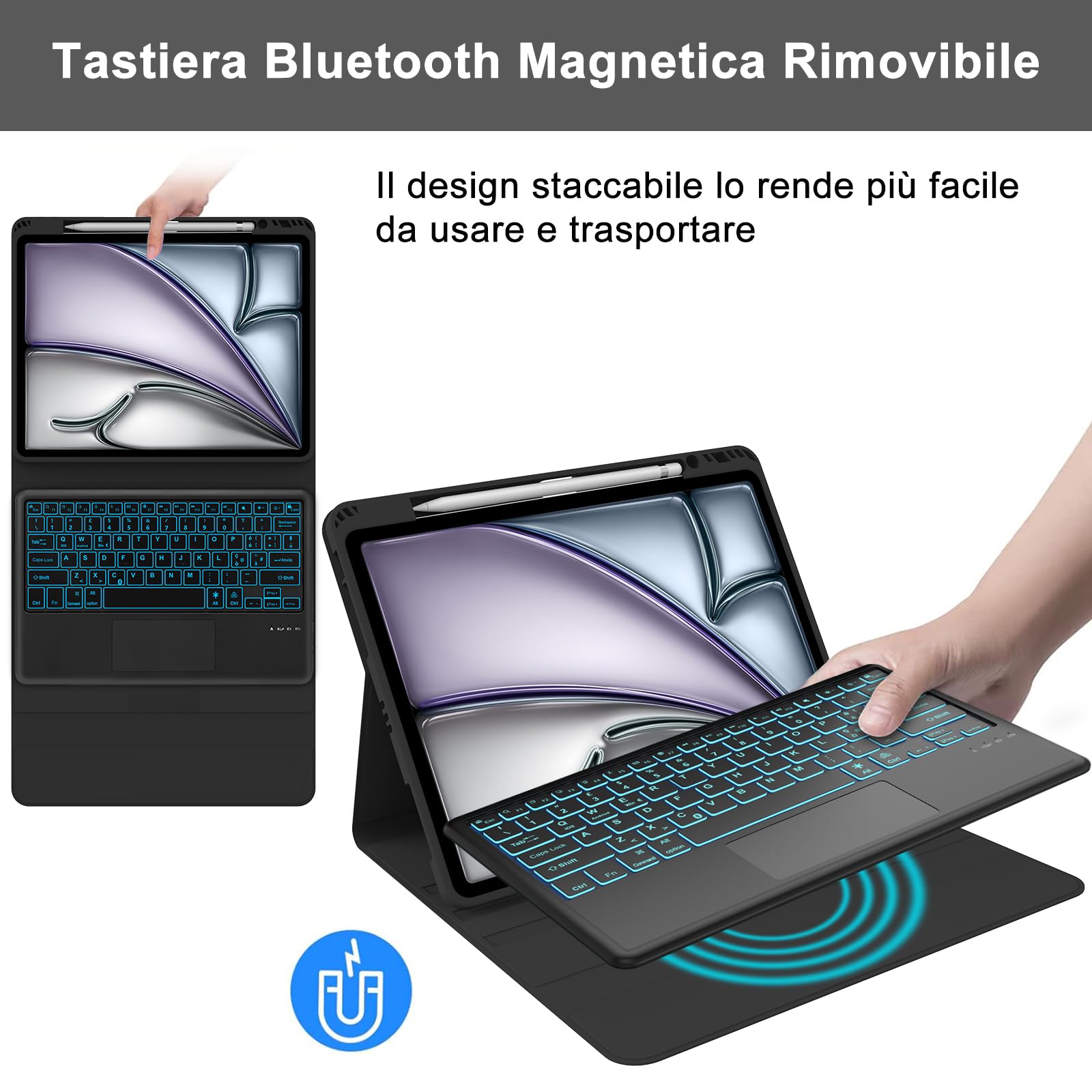 SENGBIRCH Bluetooth Keyboard Case for iPad Air 13 Inch (M2, 2024) - Backlit 7-Color Keyboard with Trackpad, Protective Cover - Perfect for Work, Study & Travel - Black
