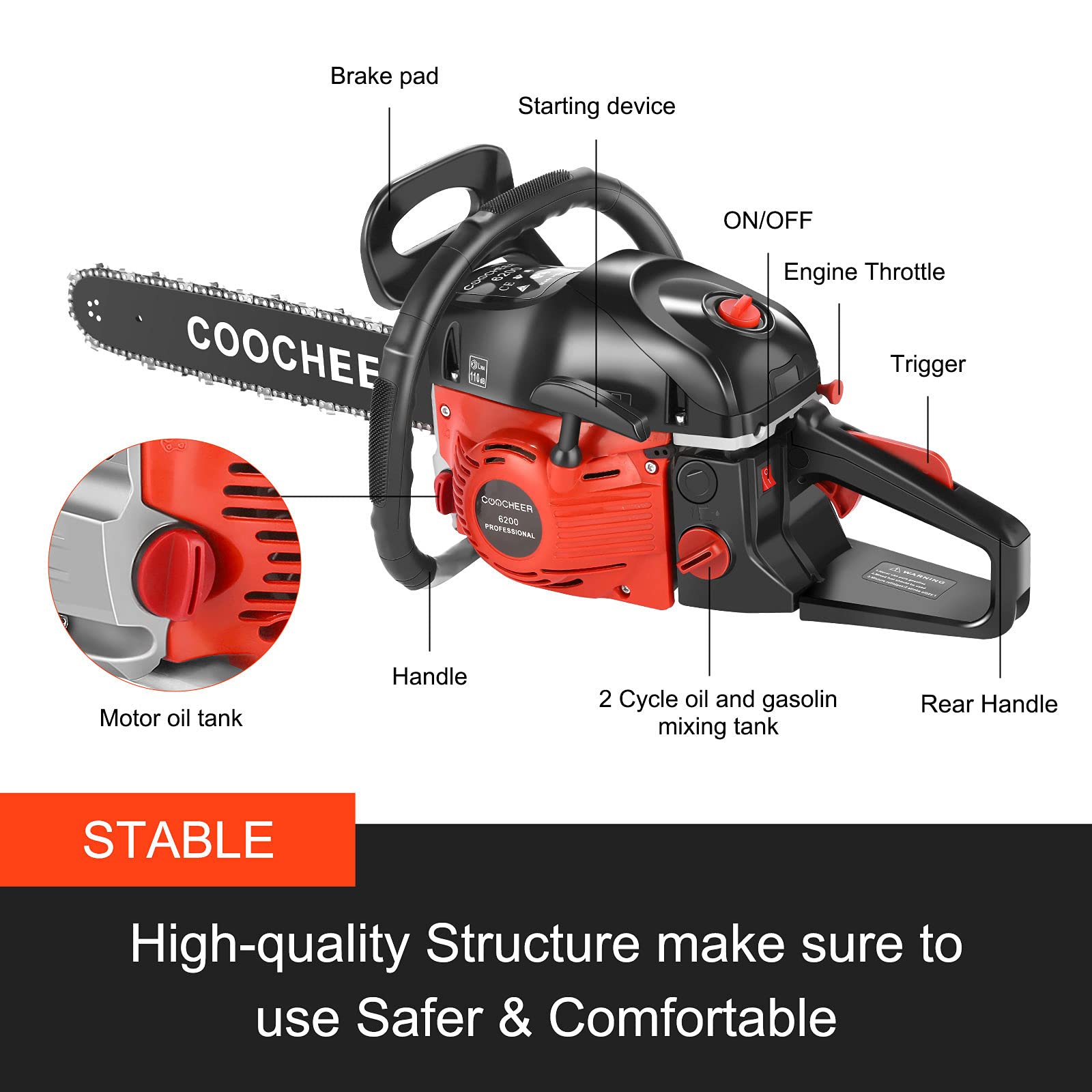 COOCHEER 20 Inch 62cc Gas Chainsaw - 3.5HP 2-Cycle Petrol Chainsaw with 2 Chains for Tree Cutting, Wood Chopping & Firewood Preparation - Perfect for Landscaping, Yard Work & Forestry Maintenance