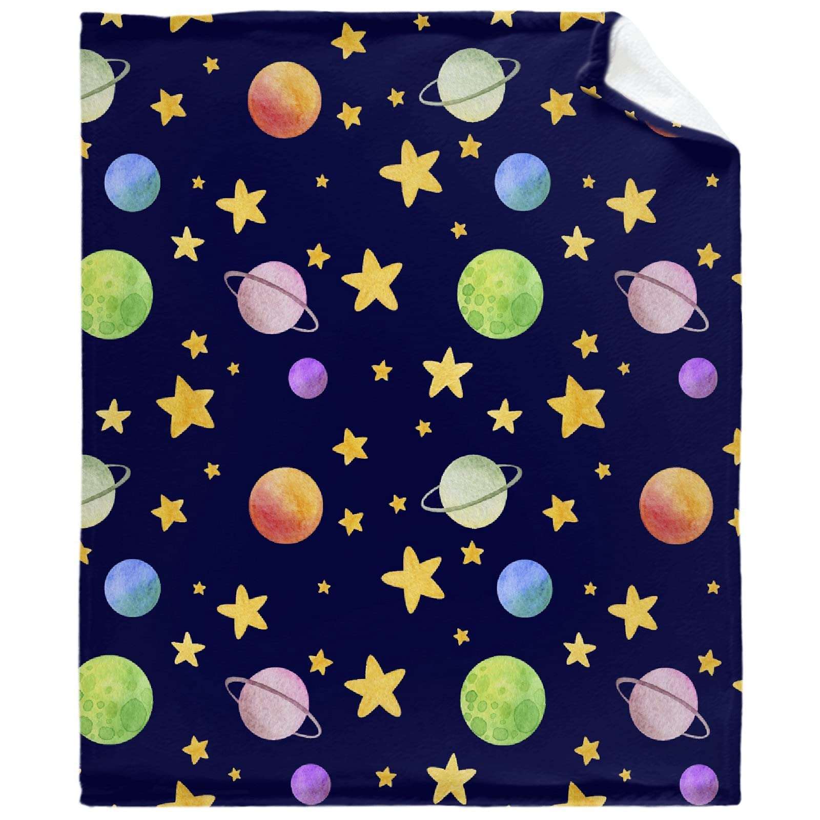 Fukurokuju Cartoon Space Watercolor Planet Flannel Blanket - Soft Cozy All-Season Throw for Sofa, Couch, Bed, Travel - 40