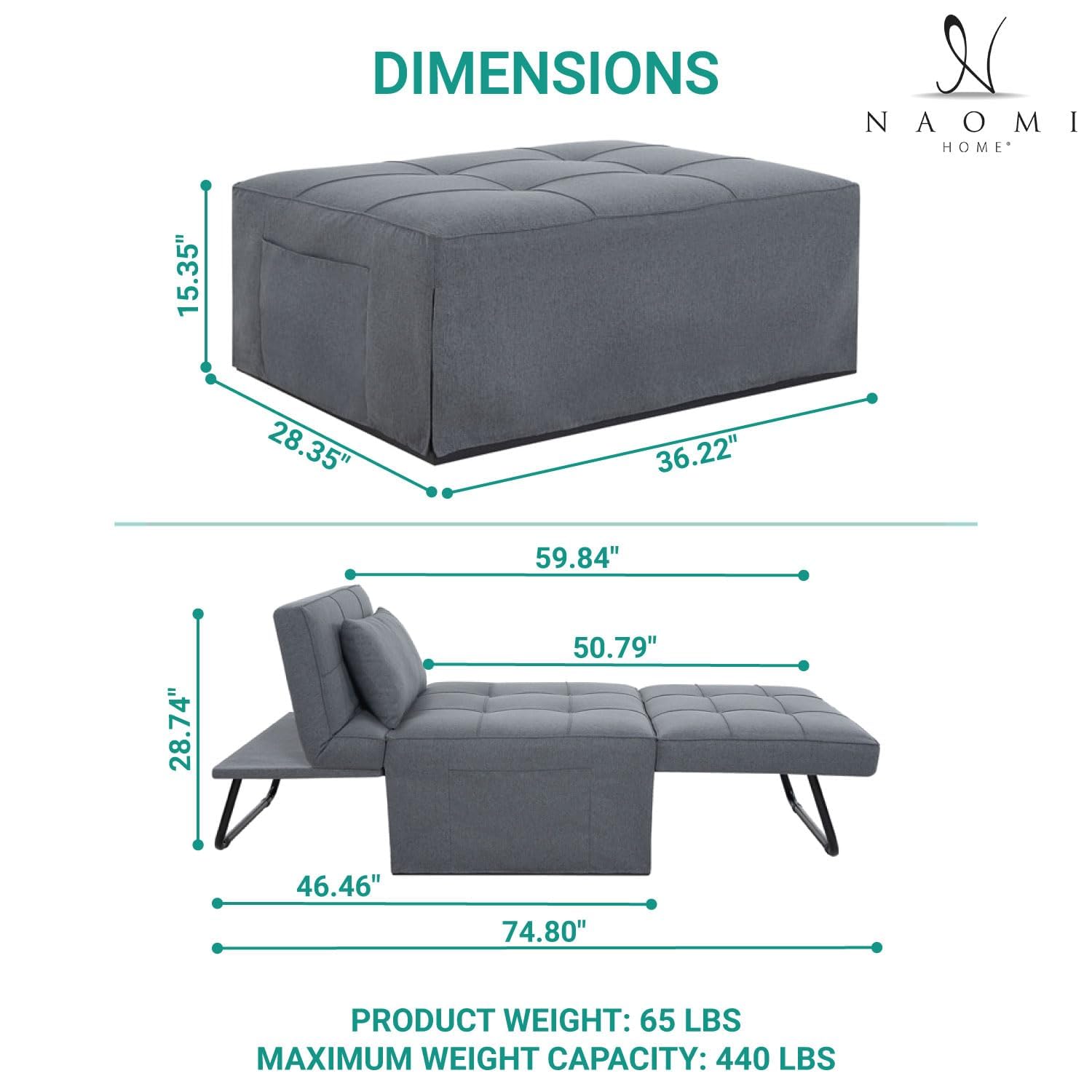 4-in-1 Convertible Sleeper Chair Bed with Adjustable Backrest - Breathable Linen Ottoman Sofa Bed for Living Room, Guest Room & Small Spaces - Modern Multi-Functional Furniture (Gray) - Perfect for Lounging, Napping & Overnight Guests