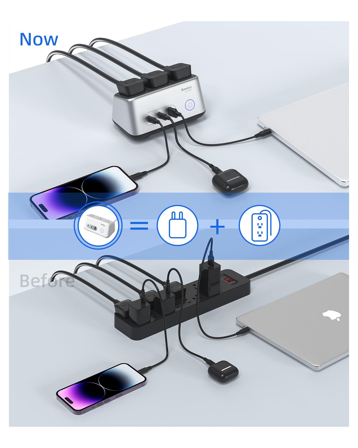 Huntkey 100W USB C Desktop Charging Station with 3 AC Outlets & 3 USB Ports (1A+2C), 45° Angle Power Strip with 5ft Cord - Fast Charger for Home Office, Dorm Room, Travel (Grey) | Multi-Device Charging Hub for Laptop, Phone, Tablet & More
