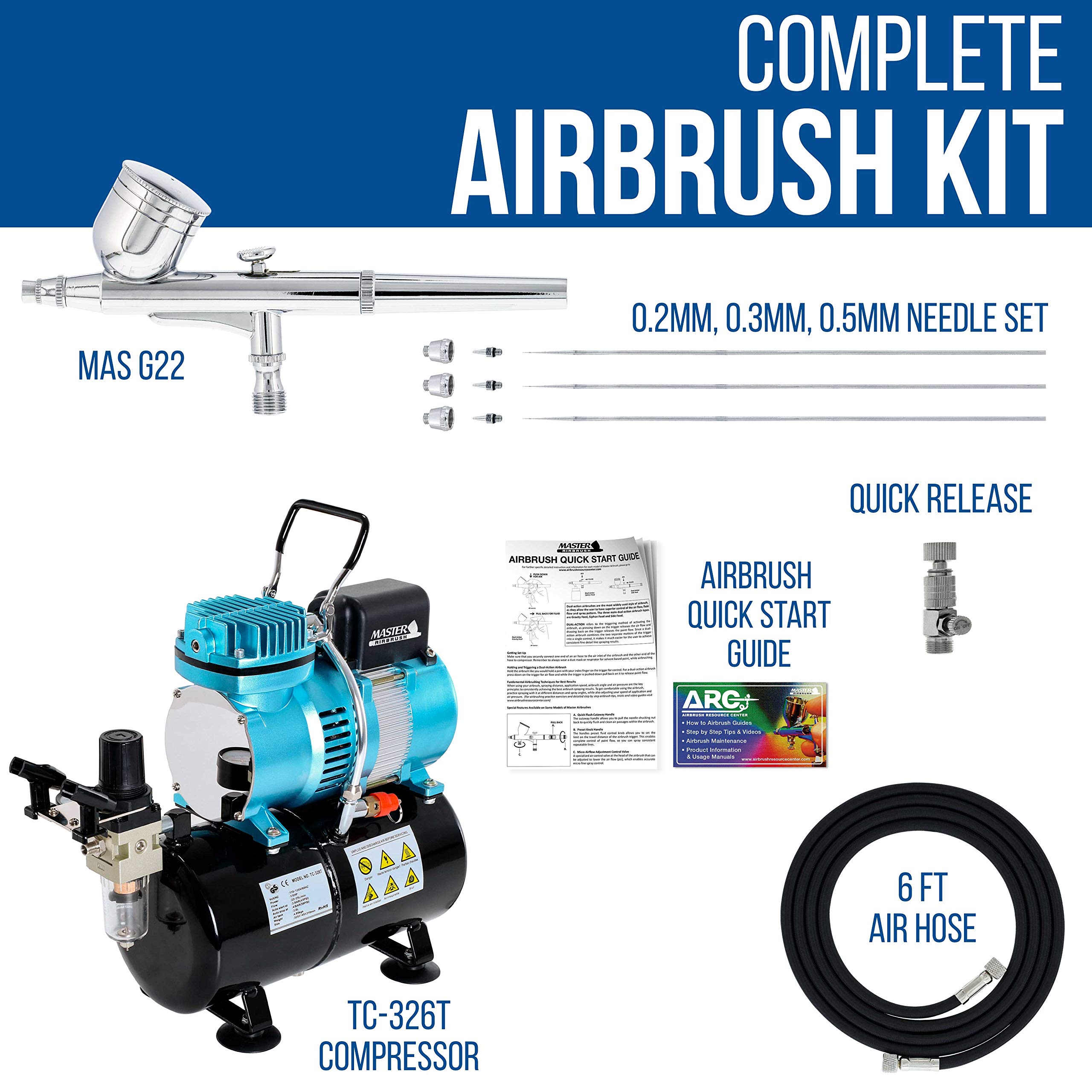 Master Airbrush Cool Runner II Dual Fan Air Tank Compressor Kit with G222 Gravity Airbrush Set (3 Nozzles 0.2/0.3/0.5mm) - Complete System with Hose, Holder & Guide - Perfect for Hobby Painting, Automotive Art, Cake Decorating & Tattoo Design
