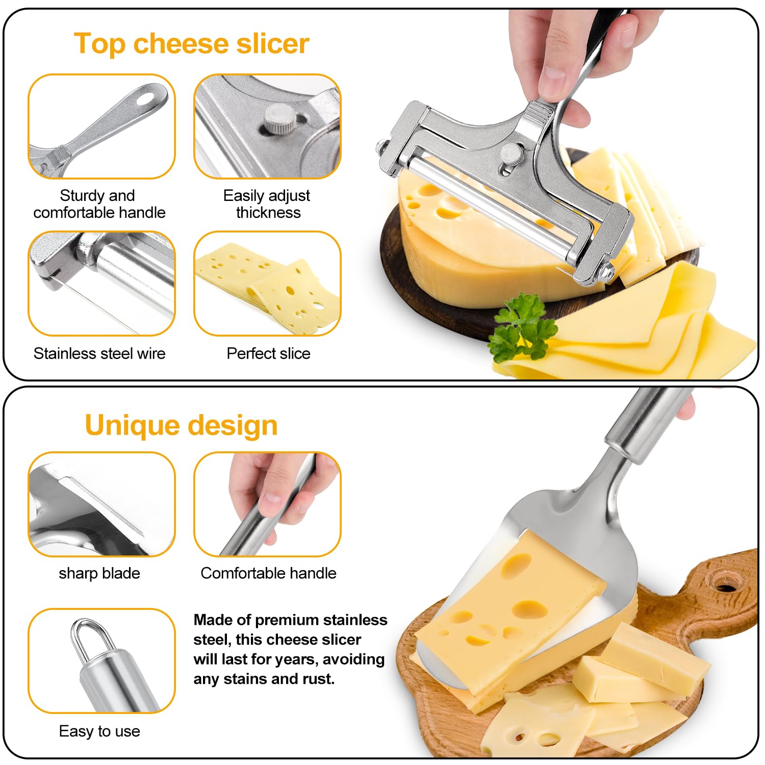 Premium Stainless Steel Wire Cheese Slicer with Cheese Shovel - Professional Cheese Cutting Board & Butter Slicer Kit for Hard Cheeses - Perfect for Charcuterie Boards, Cheese Platters & Gourmet Cooking