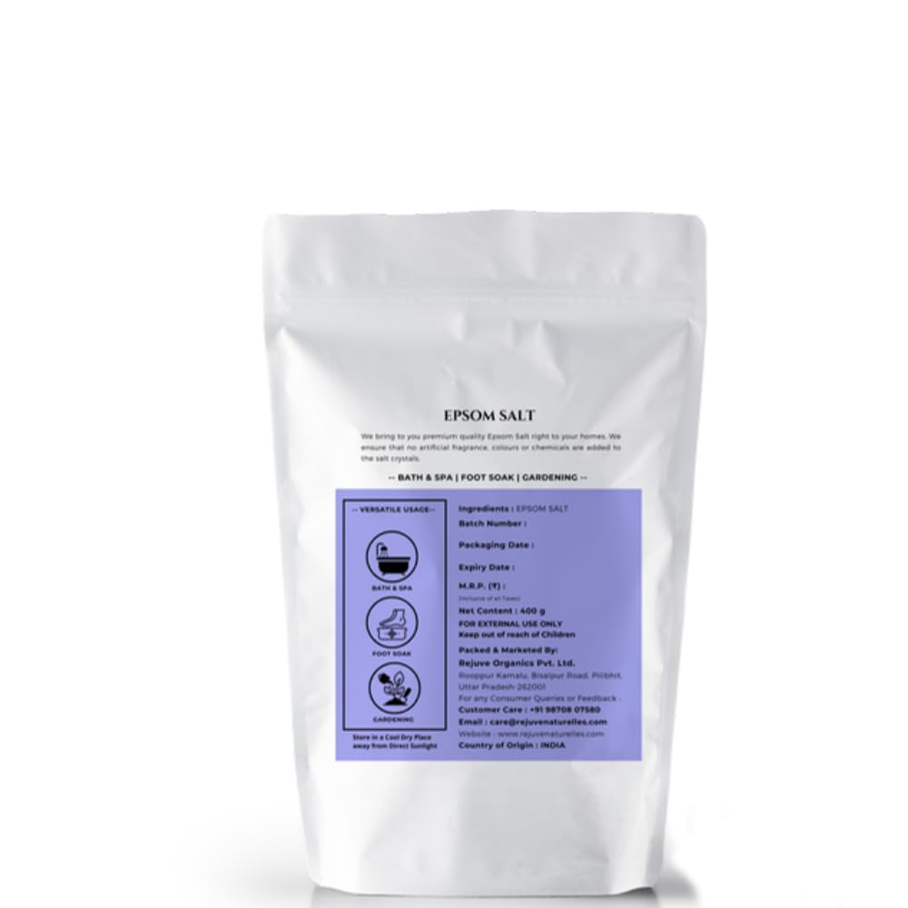 Rejuve Naturelles Premium Epsom Salt 400g - 100% Pure Magnesium Sulfate Crystals for Muscle & Foot Pain Relief, Plant Growth & Detox | Relaxing Bath Soak, Gardening Supplement & Natural Remedy