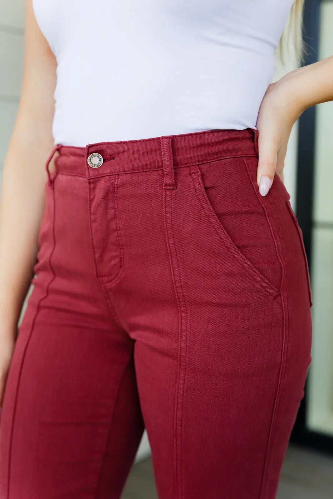 Phoebe High Rise Front Seam Straight Jeans in Burgundy - Women's Slim Fit Stretch Denim Pants for Casual Wear & Everyday Outfits