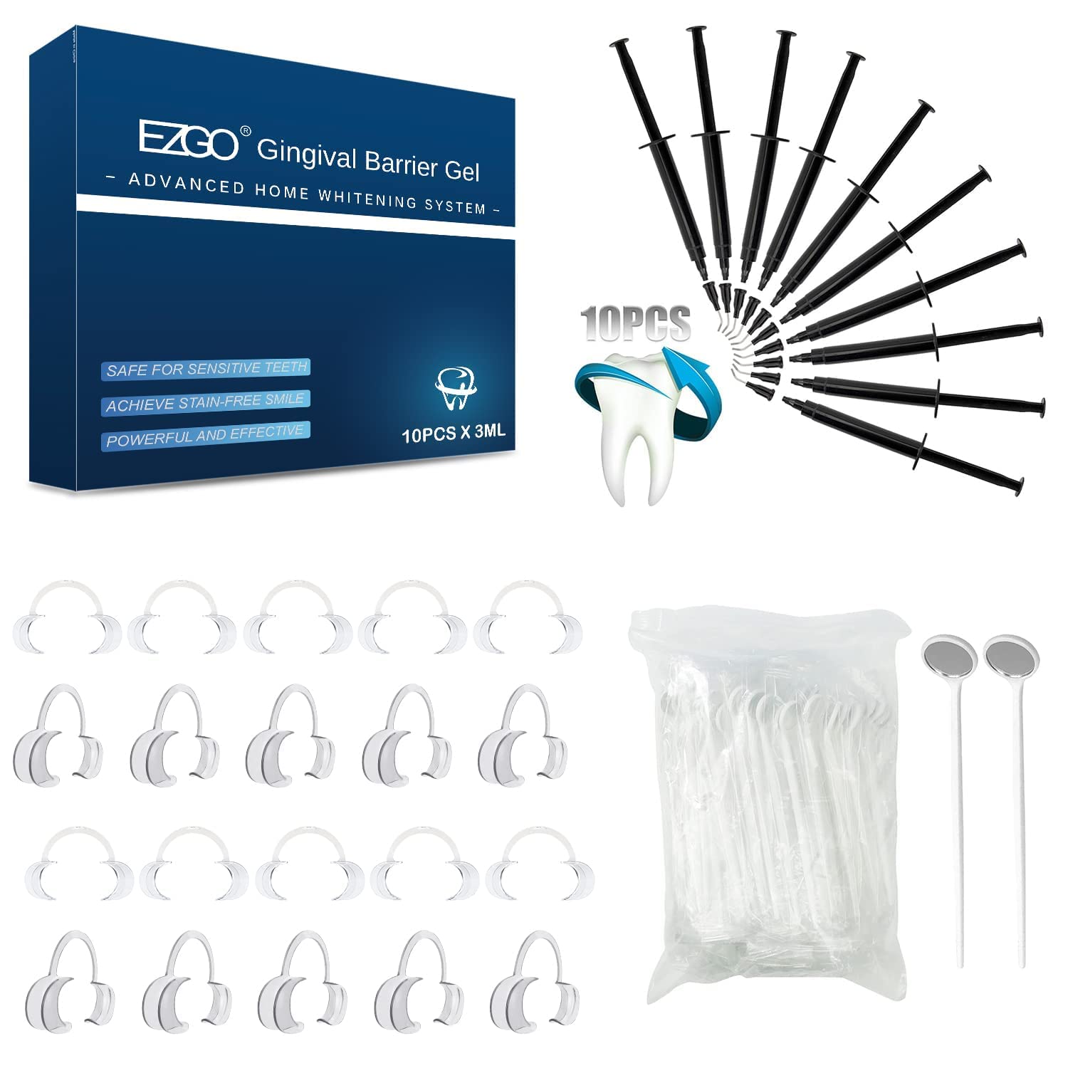 EZGO Teeth Whitening Kit - Cheek Retractor, Dental Gingival Barrier Gel & Anti-Fog Mouth Mirrors Combo for Professional & At-Home Teeth Bleaching | Includes C-Shape Mouth Opener & Gum Protector | Perfect for Dental Procedures, Whitening Treatments & Oral Care