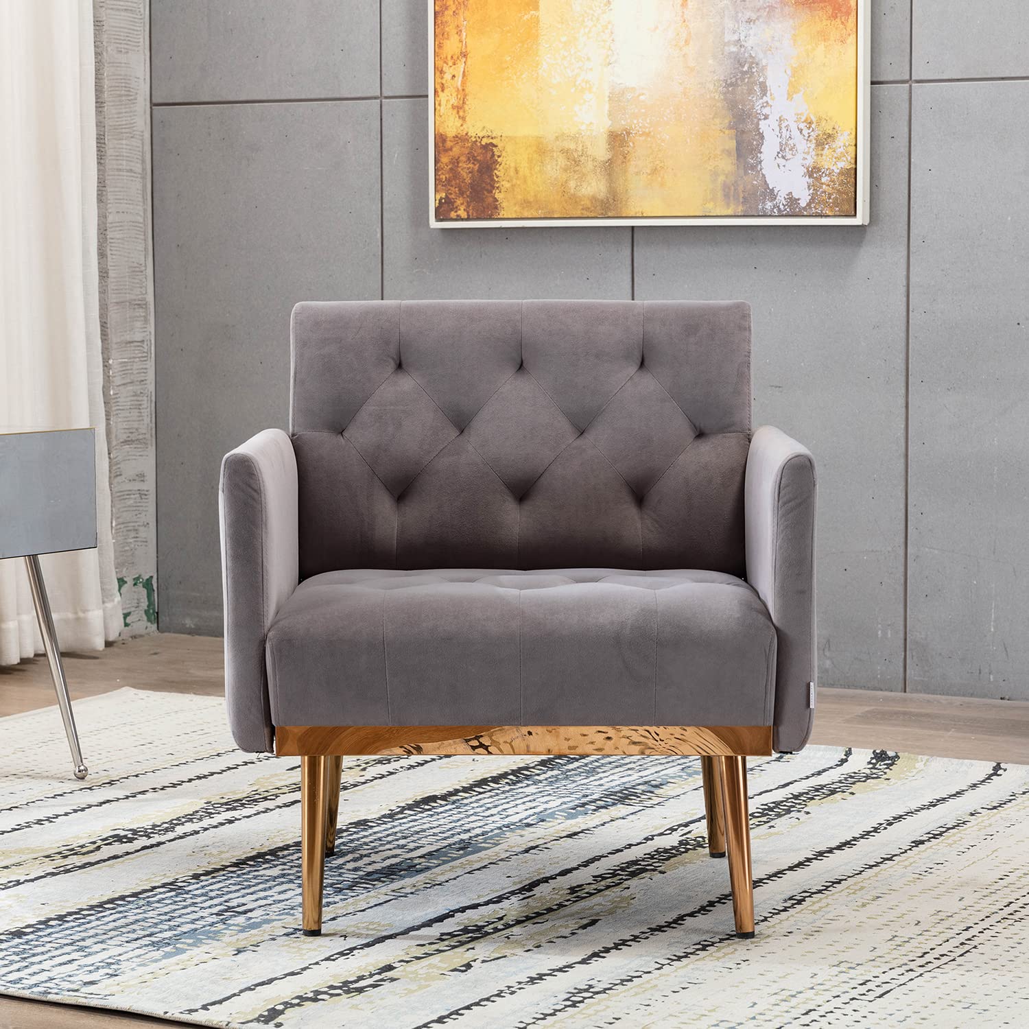 Luxury Velvet Accent Chair - Modern Tufted Armchair with Gold Metal Legs for Living Room & Bedroom - Soft Upholstered Side Chair (Gray) | Perfect for Home Decor, Reading Nook & Lounge Areas