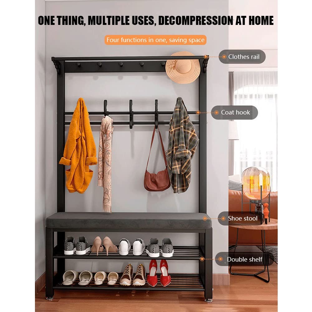 Industrial Hall Tree with Hooks - 3-in-1 Entryway Coat Rack, Shoe Bench & Storage Organizer with Shelf - Sturdy Metal Frame for Hallway, Bedroom, Bathroom (White Gray, 39.4