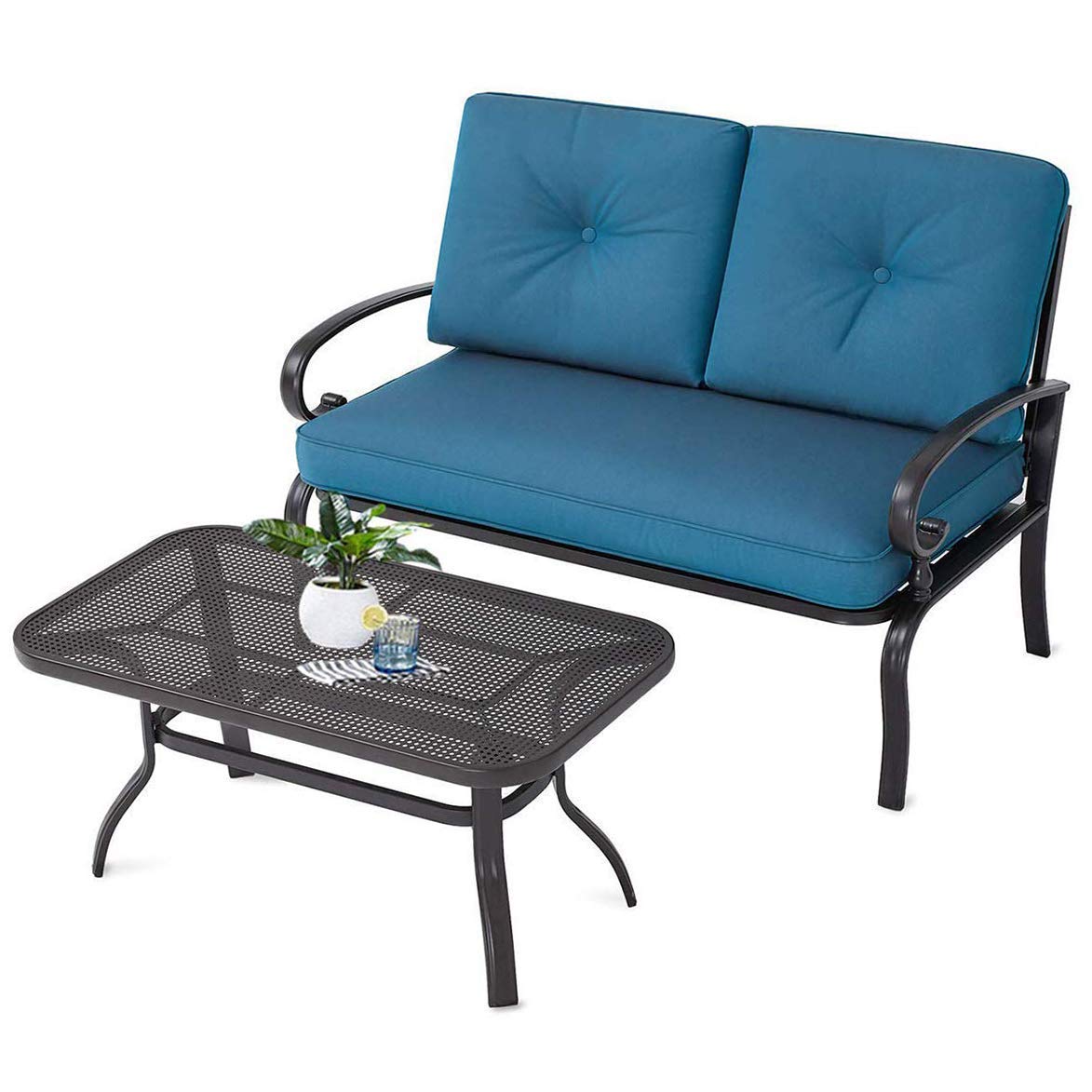 Crownland Outdoor 2-Piece Love Seat with Bistro Coffee Table Set - Patio Bench with Cushion for Garden, Porch, Yard, Poolside (Peacock Blue) | Perfect for Relaxing, Entertaining, and Outdoor Dining