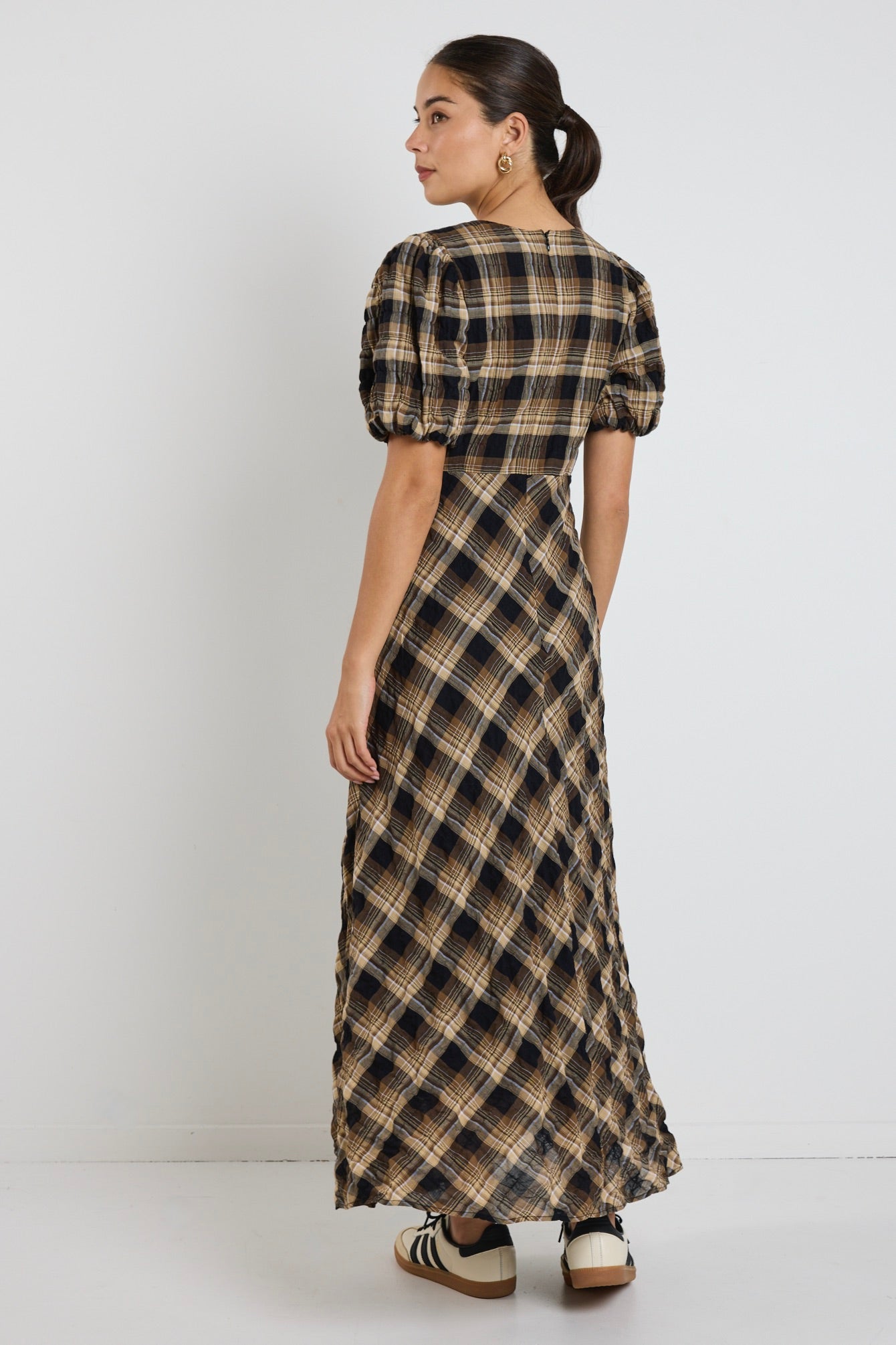 Encore Caramel Check SS Bias Maxi Dress - Flowy Summer Dress for Women, Elegant A-Line Long Dress with Side Slit, Perfect for Beach, Vacation, and Casual Outings
