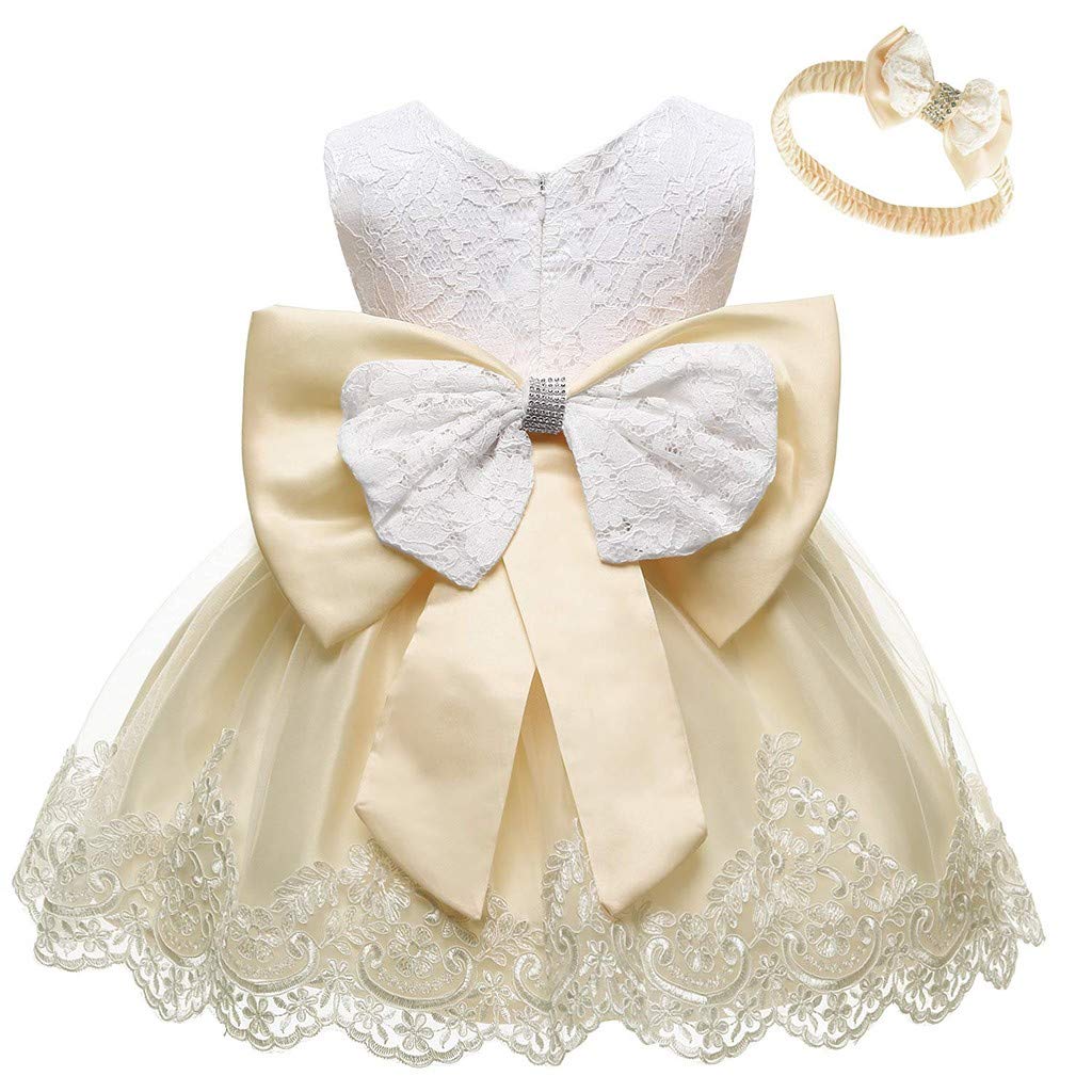 Baby Girls' Flower Pageant Formal Dress - Tulle Lace Bowknot Baptism & Birthday Gown with Headwear - Perfect for Christening, First Communion & Special Occasions