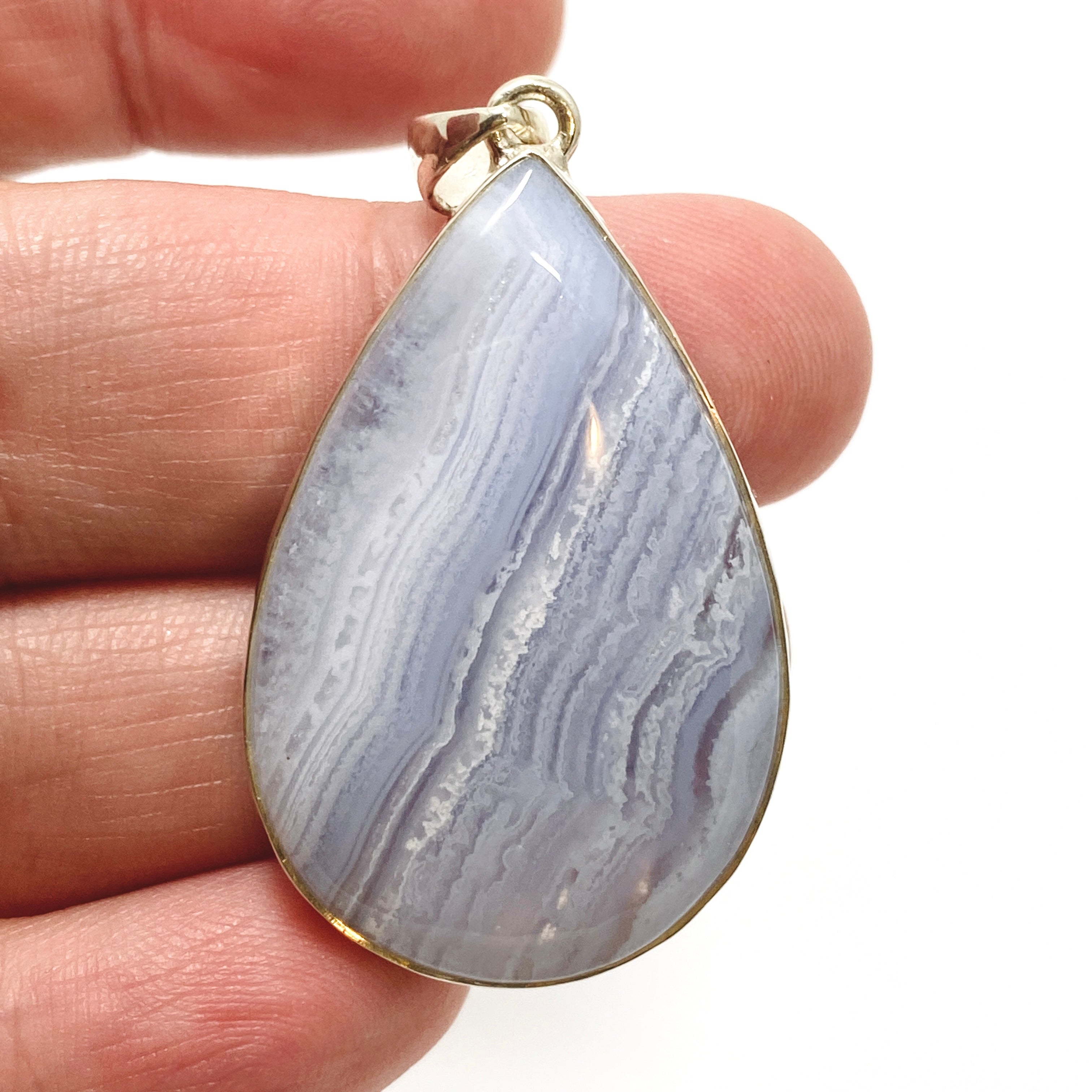 Blue Lace Agate Teardrop Cabochon Pendant in Hammered Silver Setting - KPGJ4831 | Handmade Jewelry for Women, Boho Chic Necklace for Everyday Wear & Special Occasions