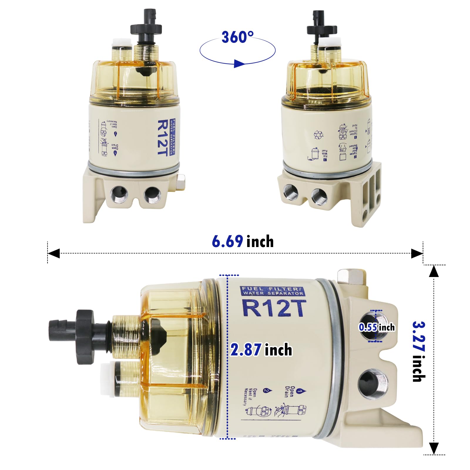 R12T Fuel Filter Water Separator Spin-On Marine Filter Kit - Compatible with Diesel & Gasoline Engines - Replaces S3240, R12T, 120AT, 18-7987 - NPT ZG1/4-19 Thread - Ideal for Boats, Yachts & Marine Engines