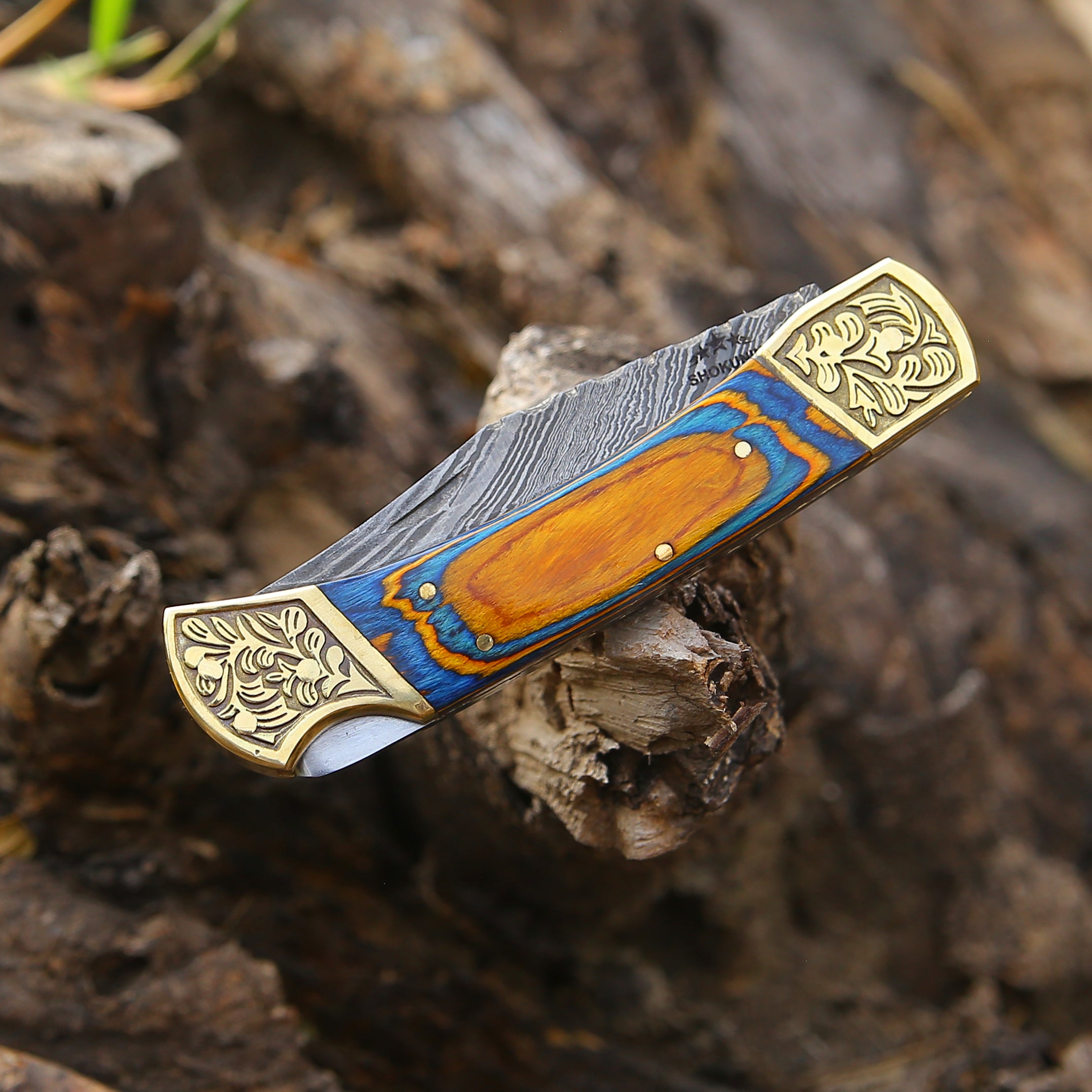 Premium Handmade Damascus Steel EDC Folding Pocket Knife with Genuine Leather Sheath & Pakkawood Handle - Perfect for Camping, Hiking, Survival, and Everyday Carry