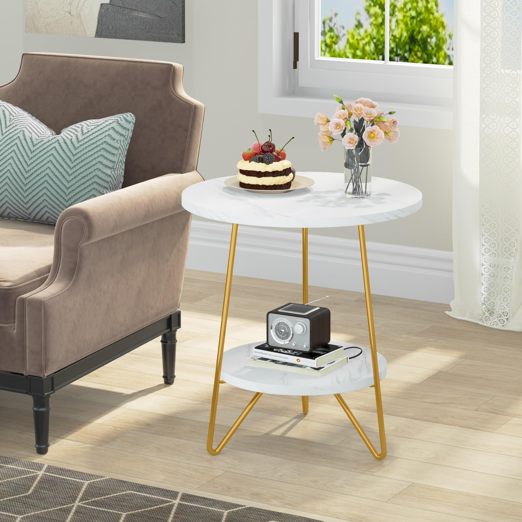 Tribesigns Faux Marble End Table - 2-Tier Round Side Table with Shelves, Modern Gold Nightstand Bedside Table, Small Coffee Accent Table for Living Room & Bedroom - White and Gold Finish - Perfect for Small Spaces, Apartment Decor & Coffee Table Styling