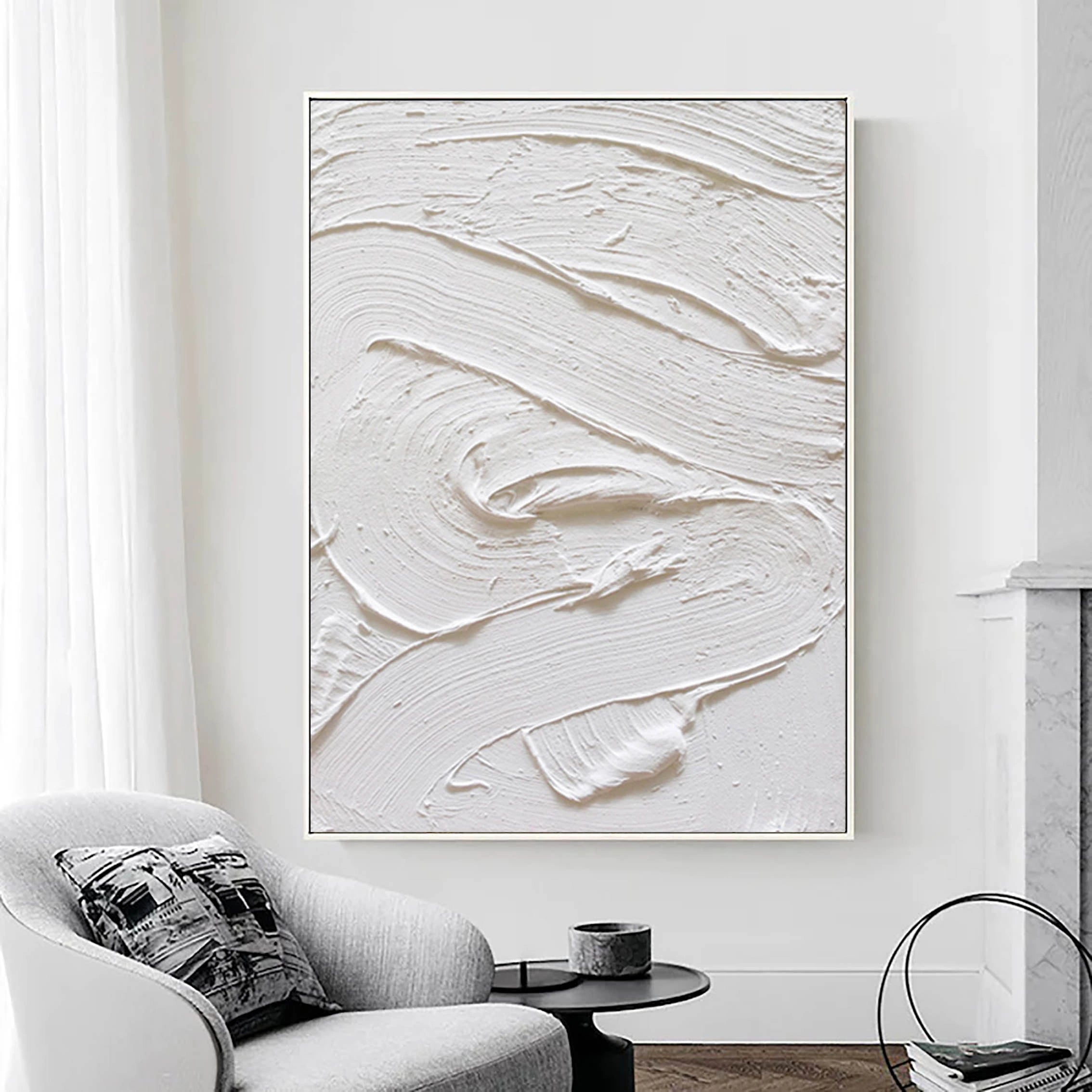 White Minimalist Textured Painting Canvas Wall Art - Modern Abstract Home Decor for Living Room, Bedroom & Office | High-Quality Stretched Canvas #MM005